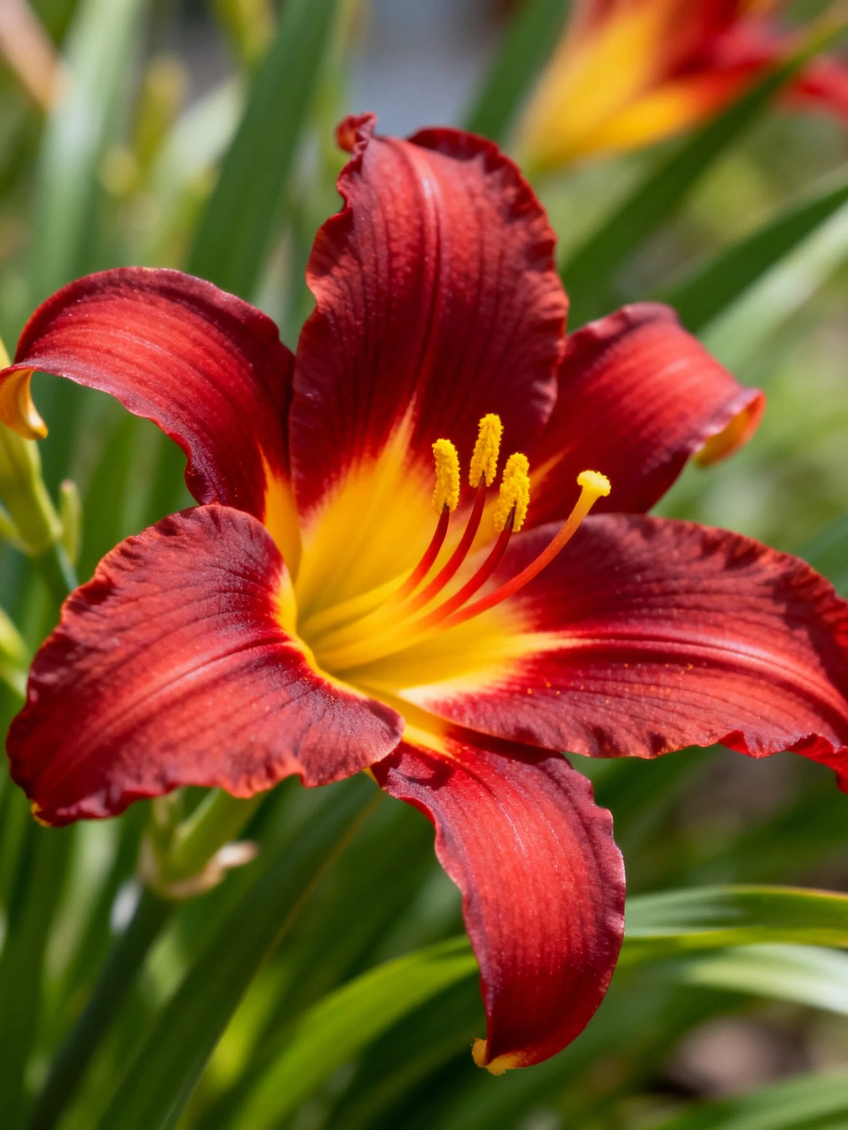 A vibrant red daylily with bright yellow center
