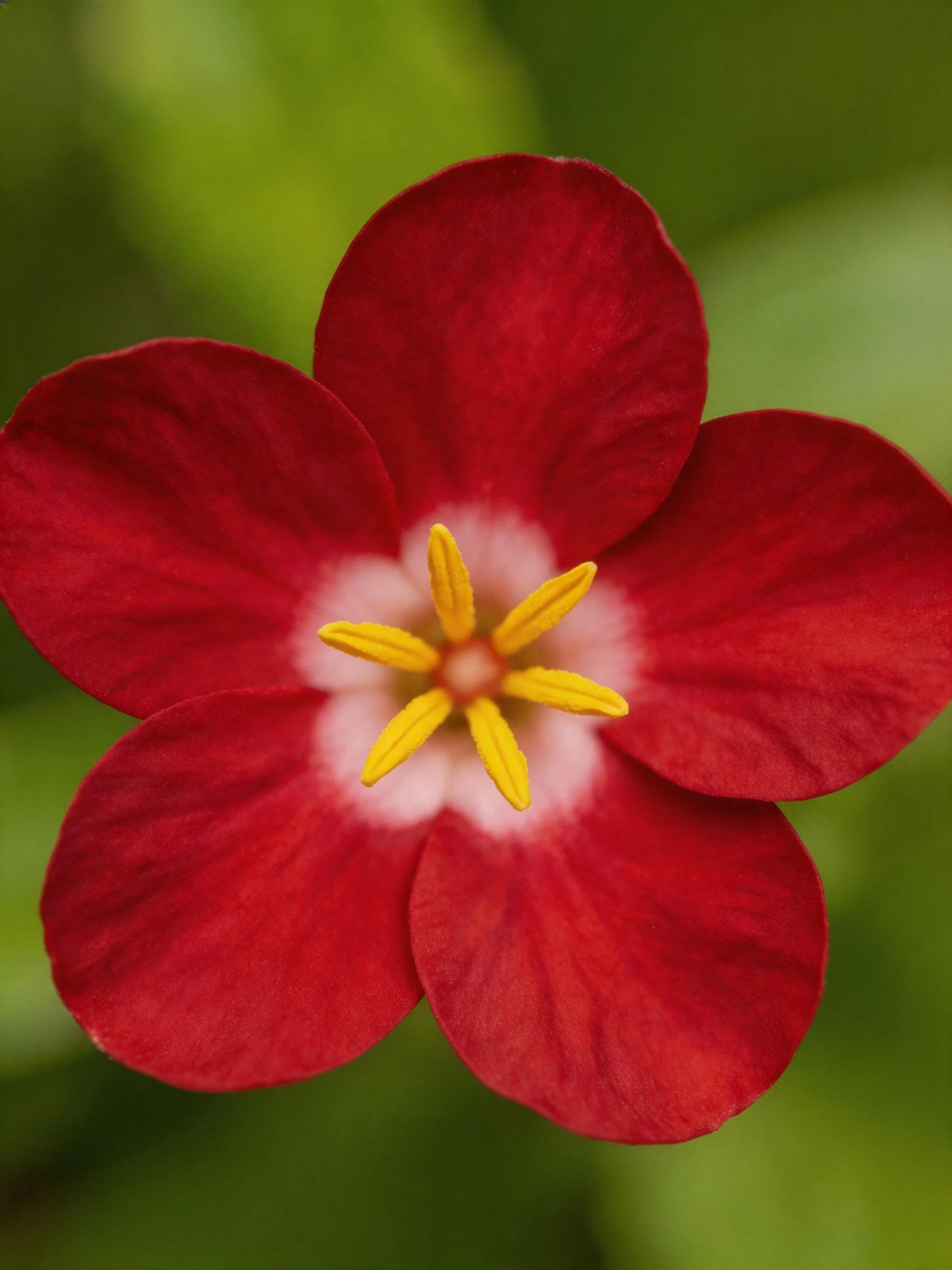 A vibrant red five-petaled flower with yellow stamens and white center