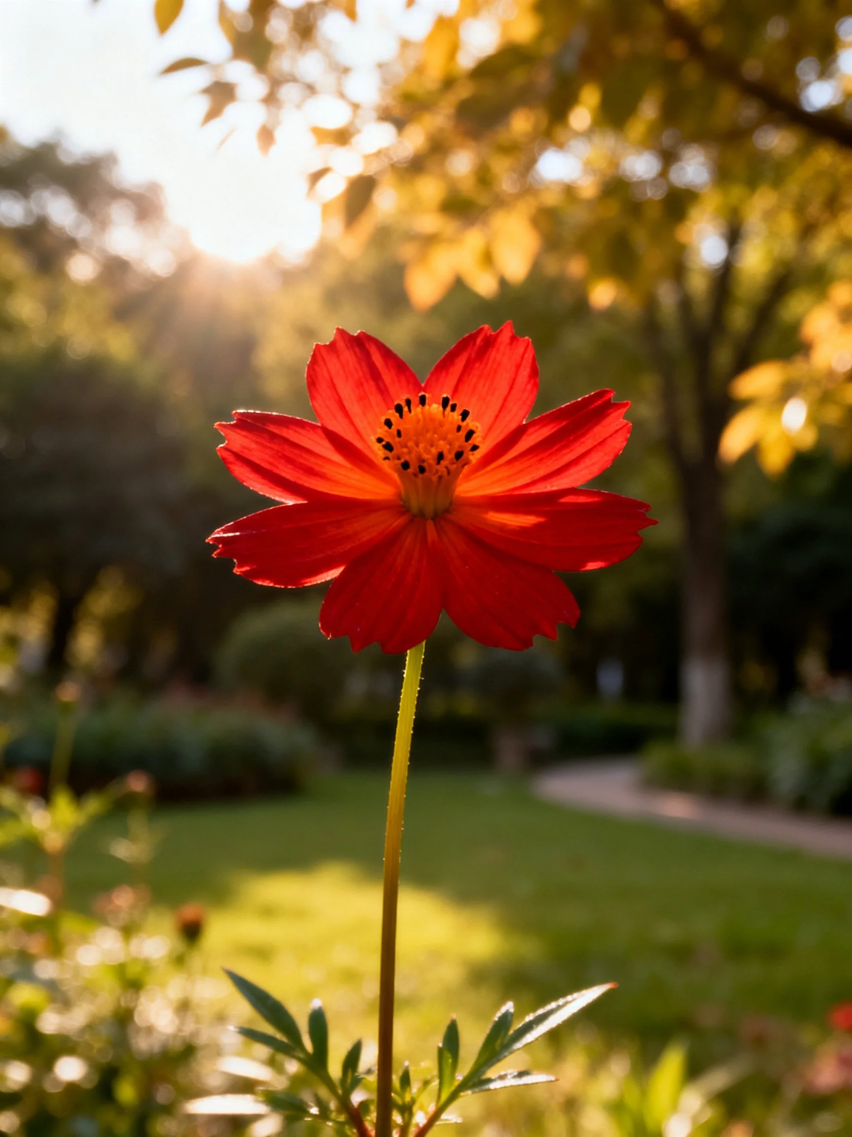 A vibrant red flower blooms in a sunlit garden setting
