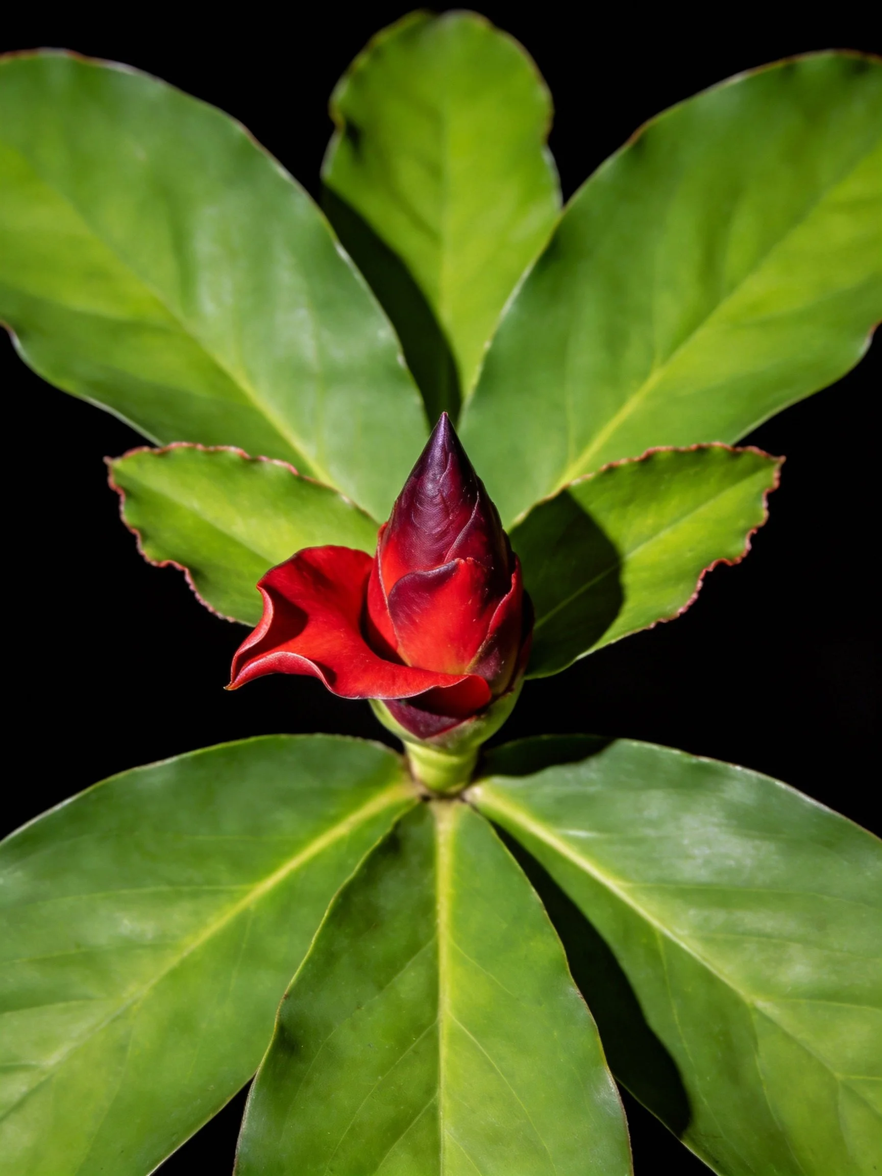 A vibrant red flower bud with broad green leaves