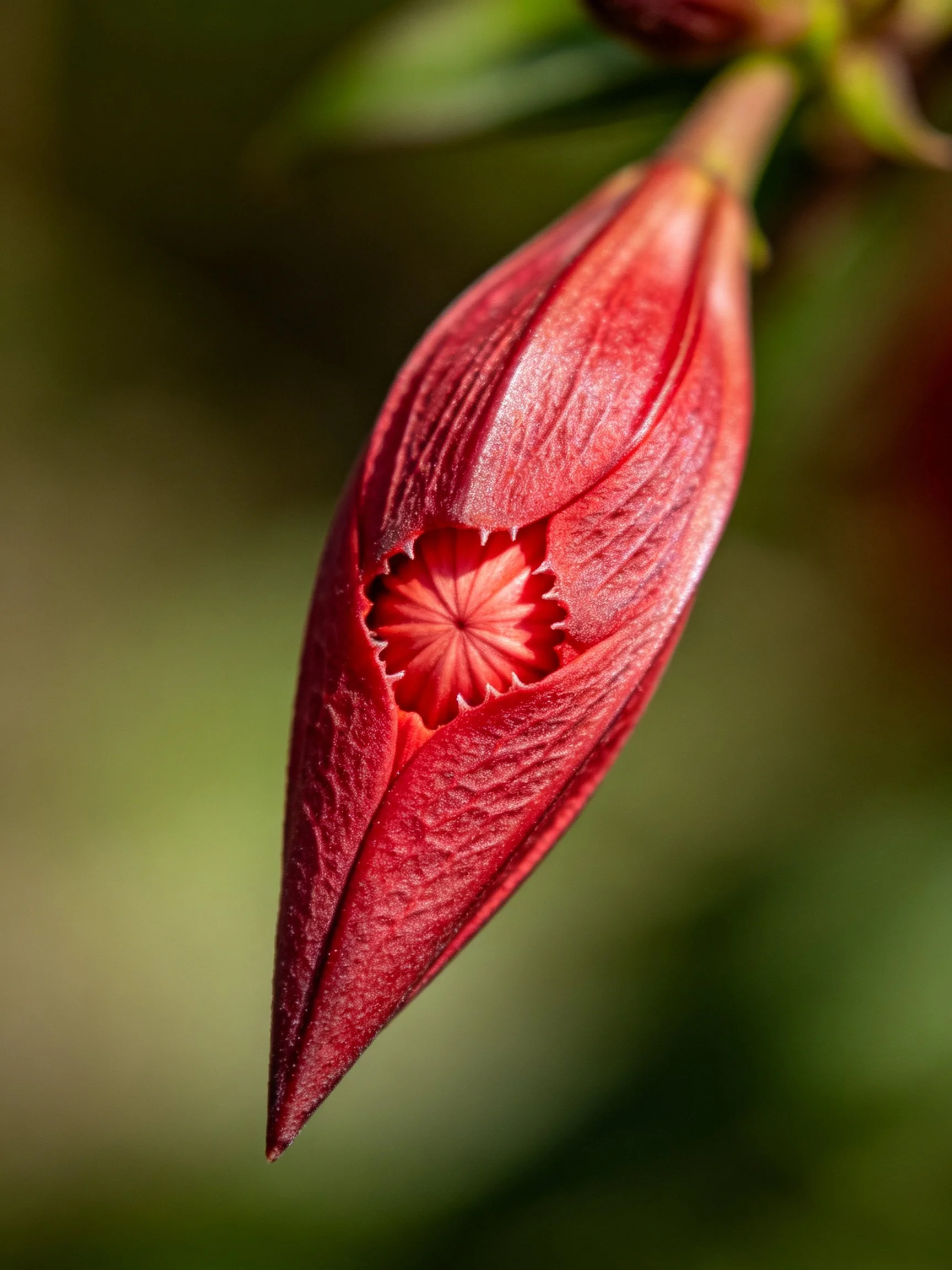 A vibrant red flower bud with intricate petal details