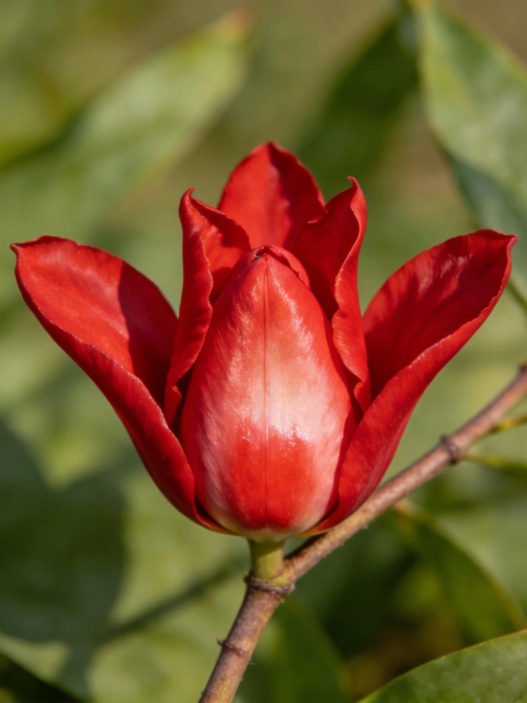 A vibrant red flower bud with lush green foliage backdrop