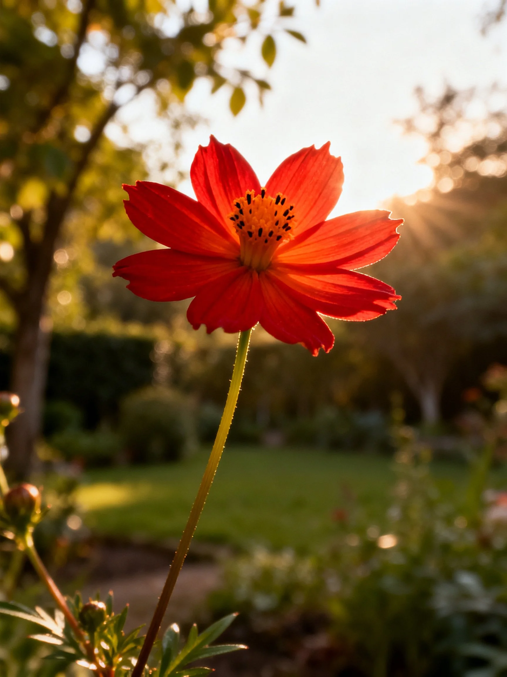 A vibrant red flower illuminated by golden sunlight in a garden