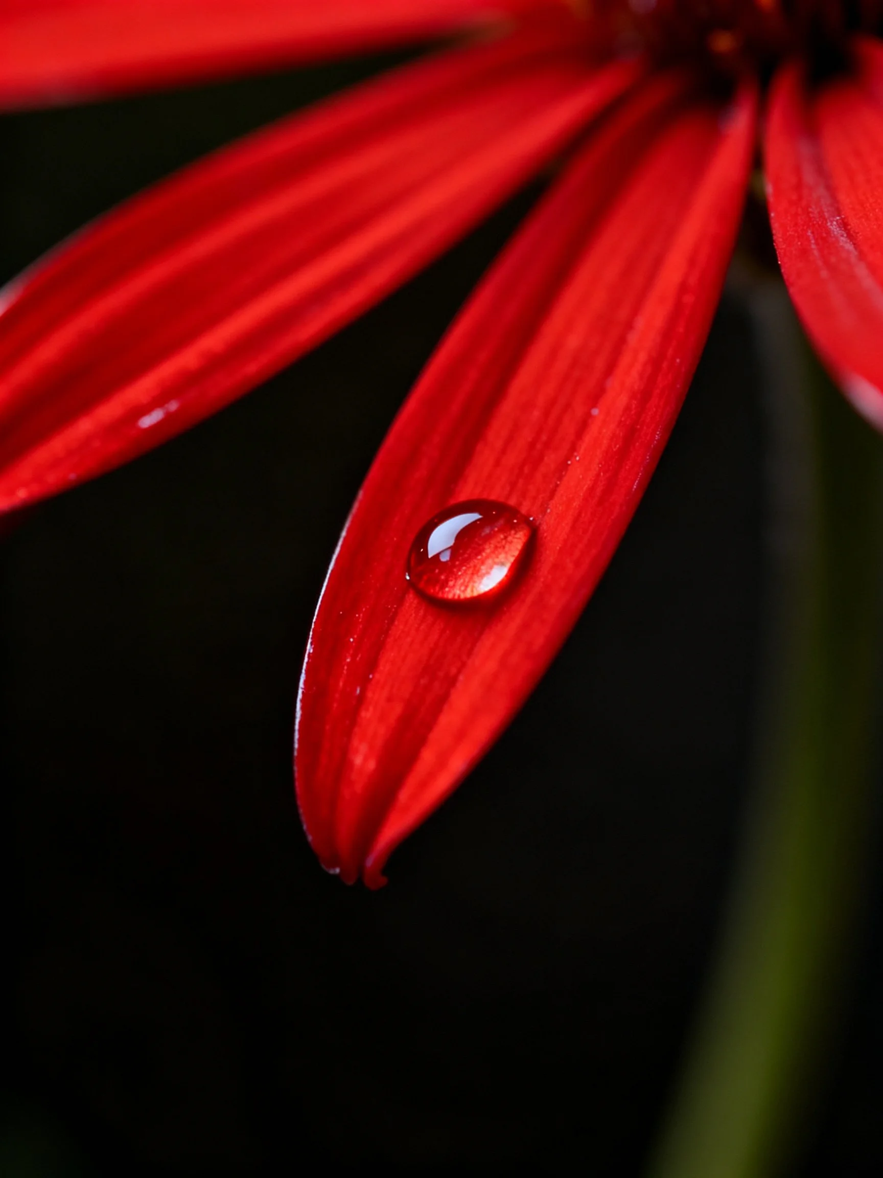 A vibrant red flower petal with a glistening water droplet