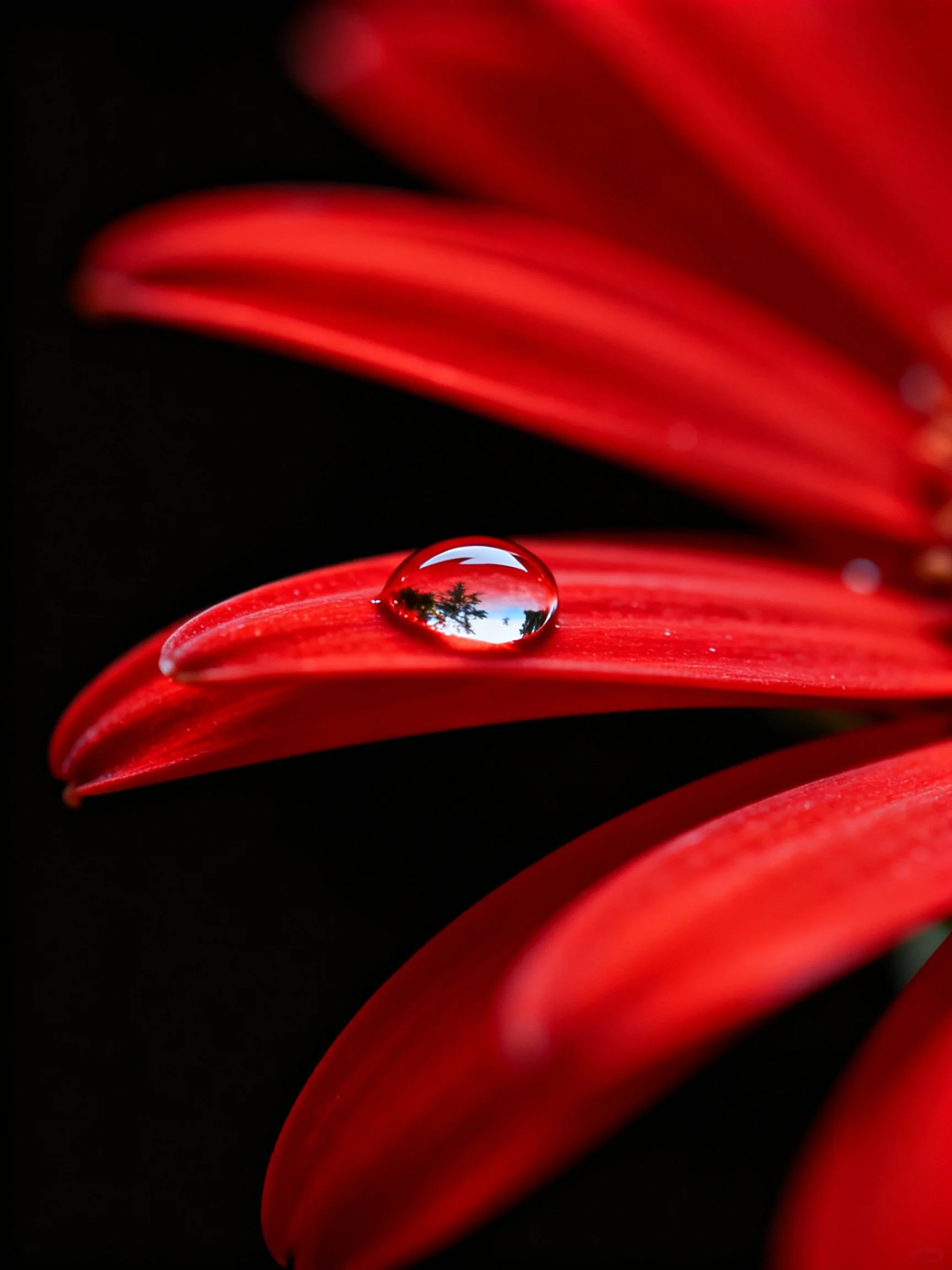A vibrant red flower petal with a glistening water droplet