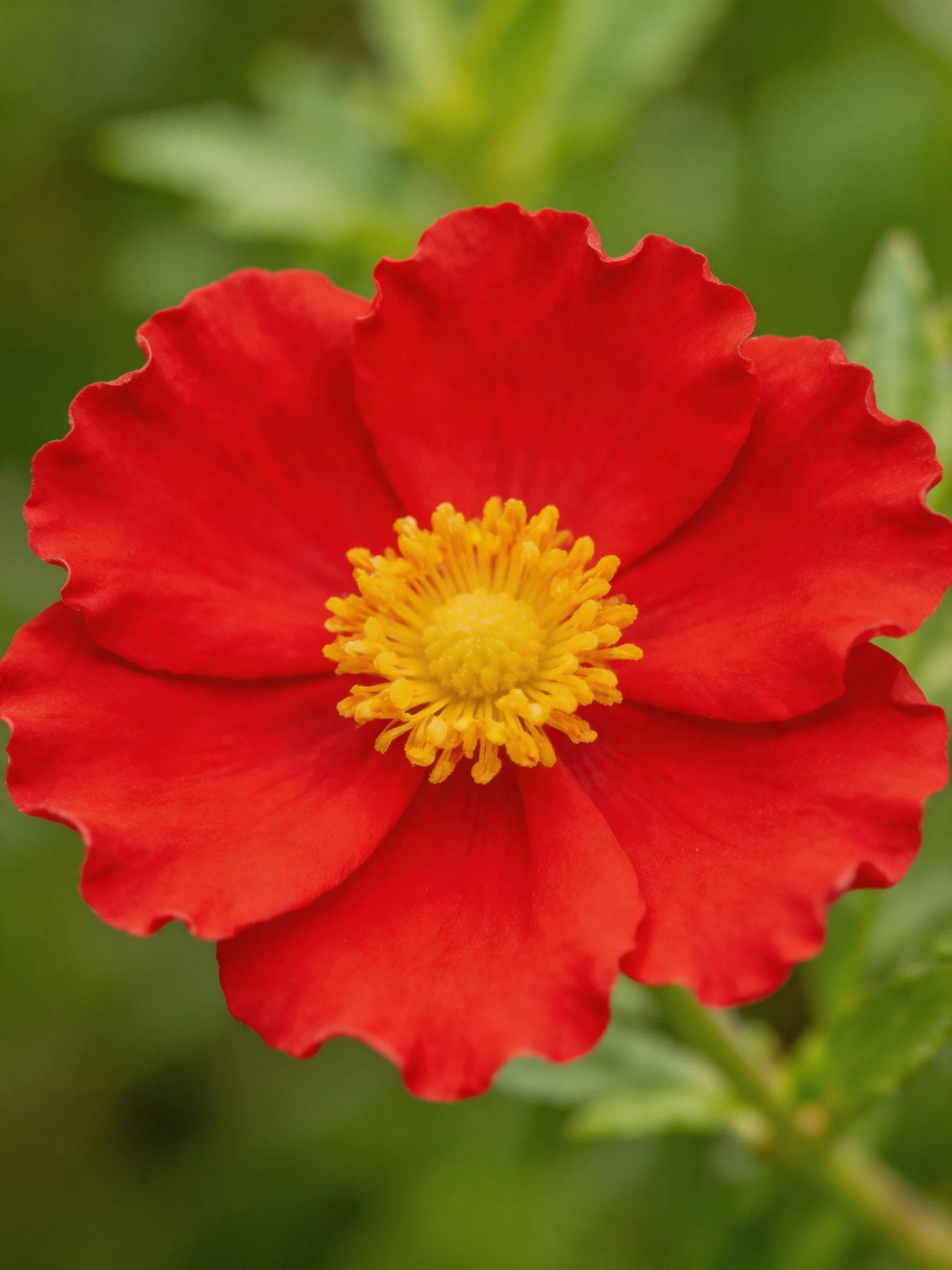 A vibrant red flower with a golden yellow center