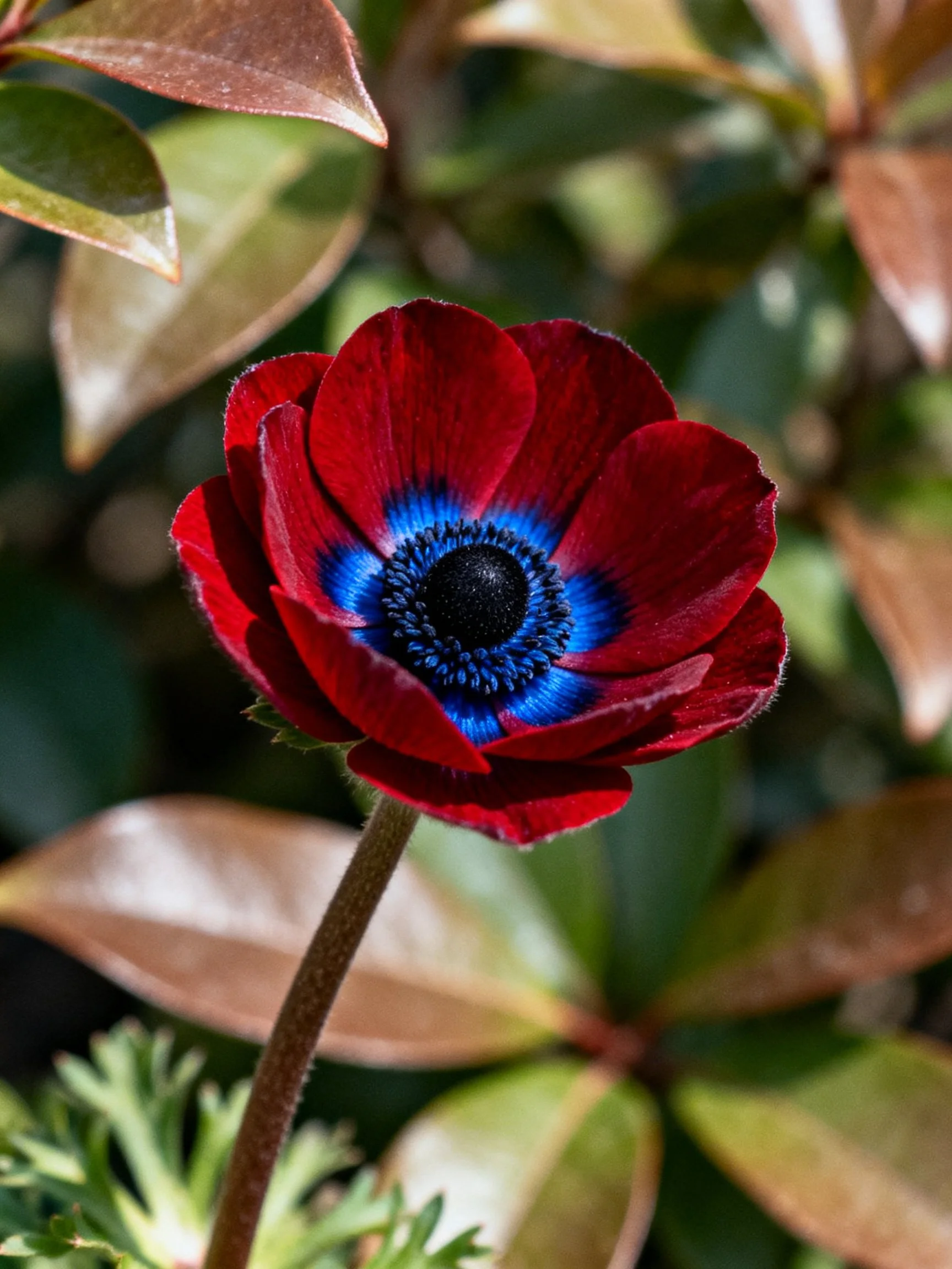 A vibrant red flower with bold blue and black center