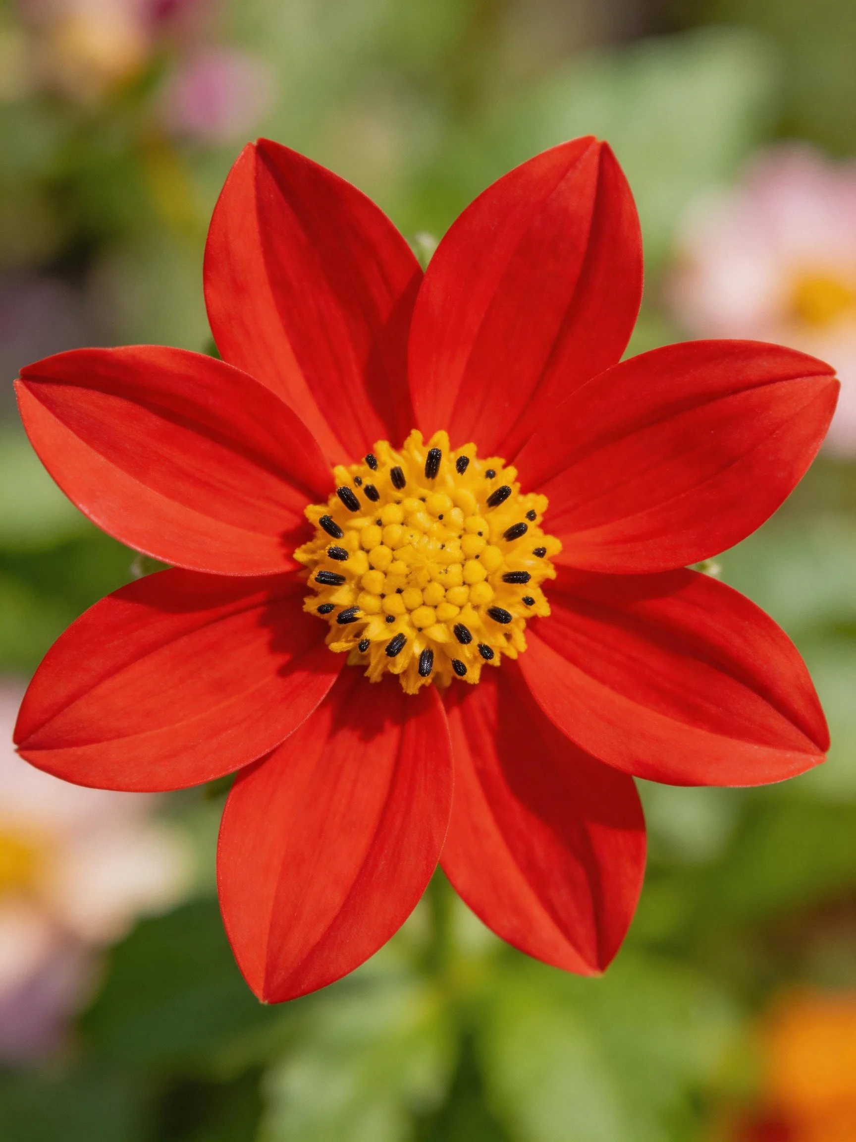 A vibrant red flower with eight petals and yellow central disc
