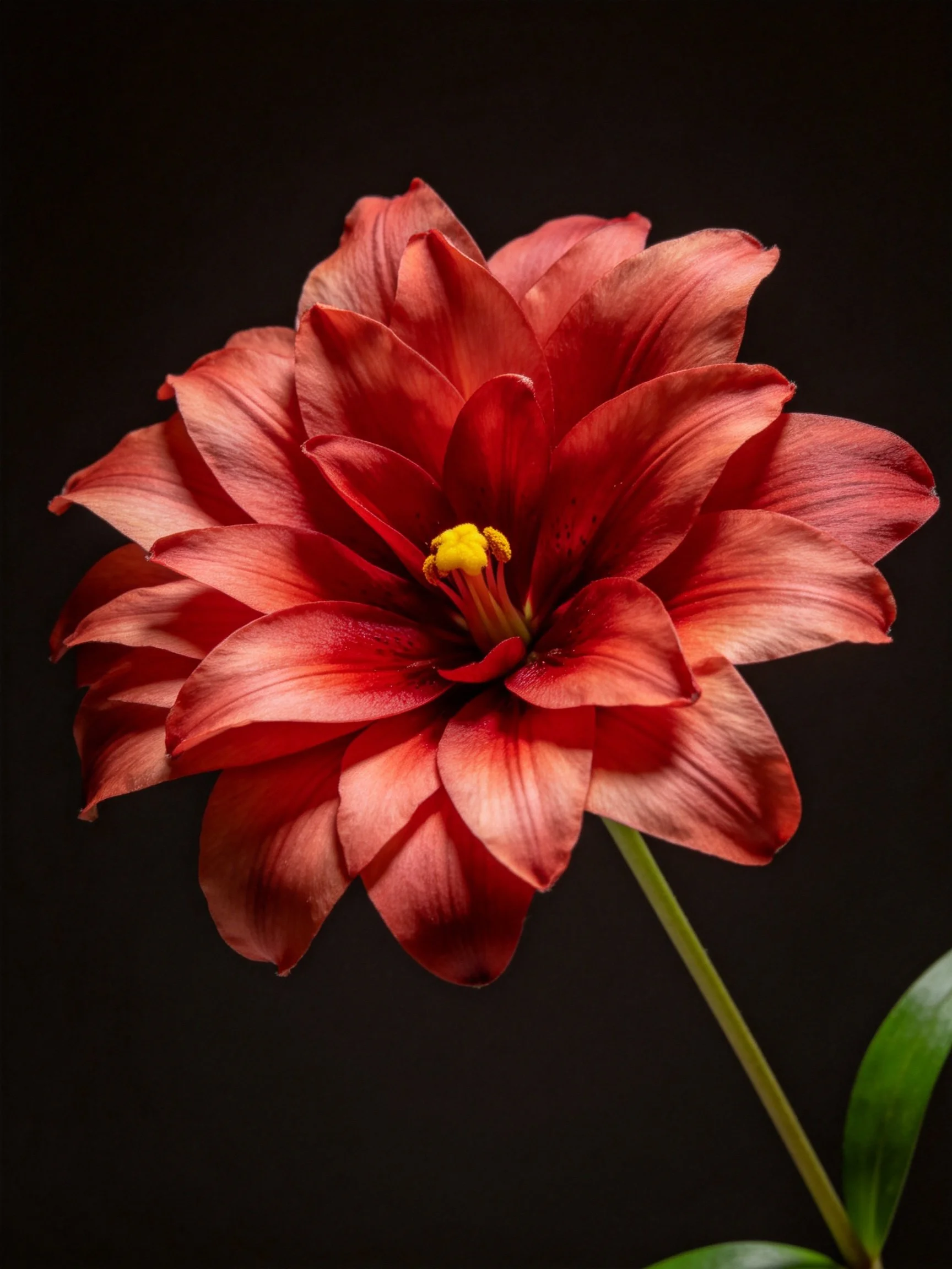 A vibrant red flower with layered petals and a yellow center
