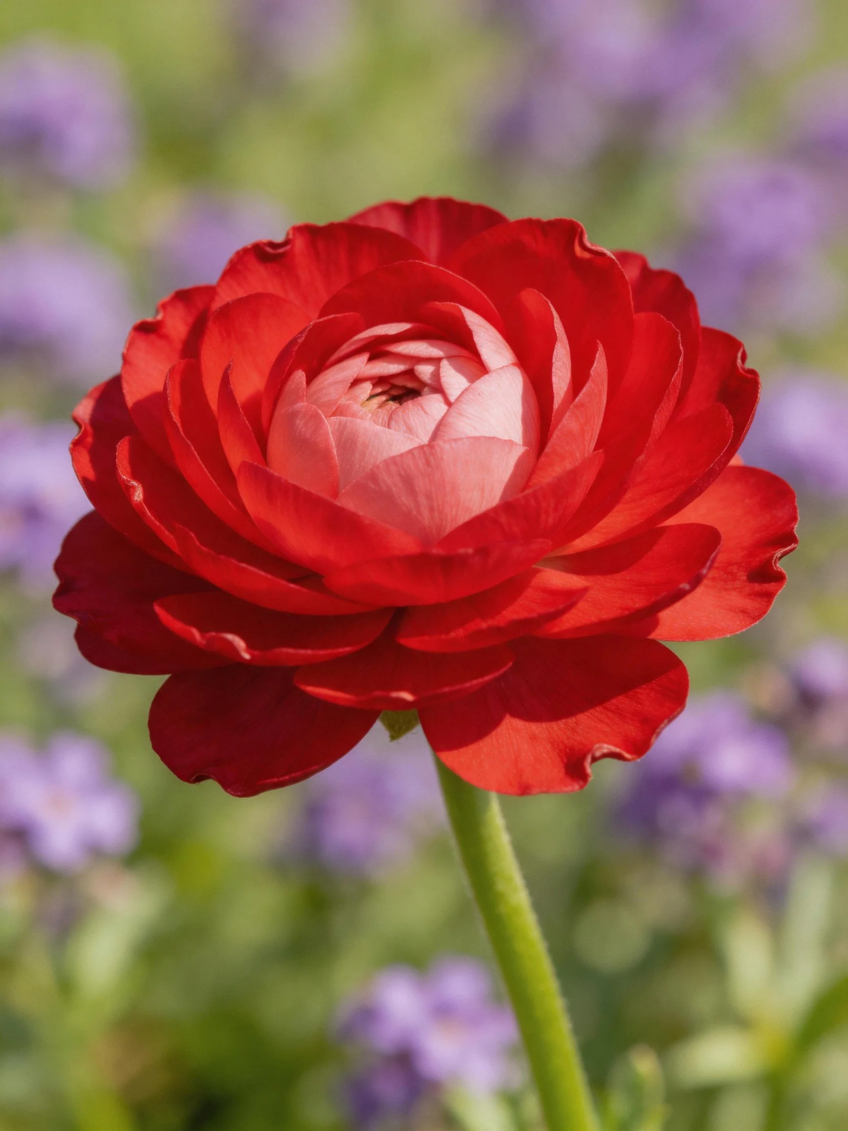 A vibrant red flower with layered petals, set against a blurred purple floral backdrop