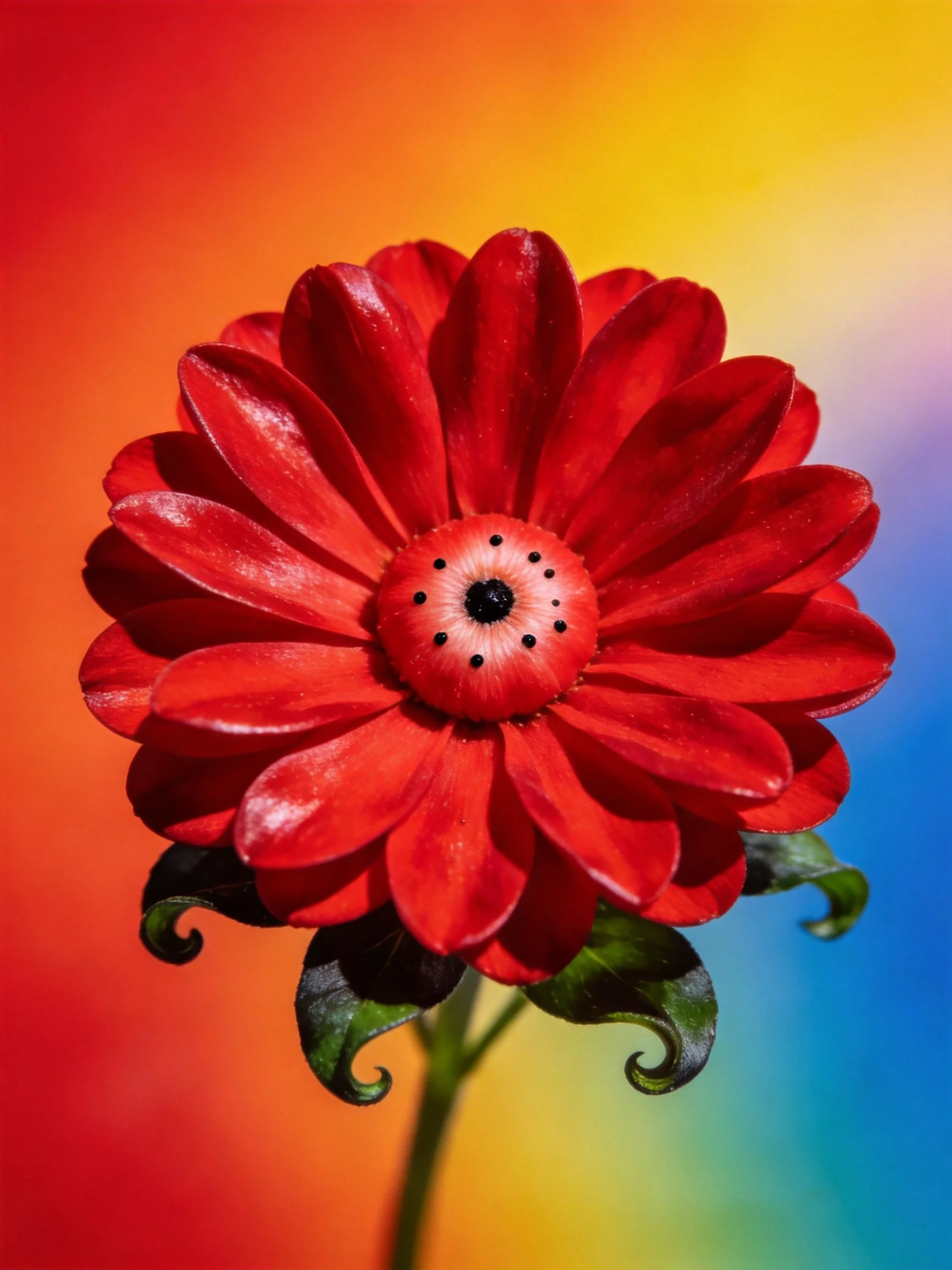 A vibrant red flower with multicolored gradient backdrop