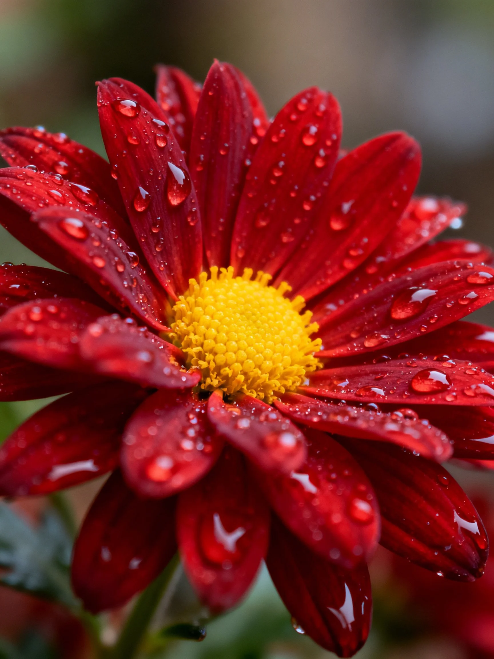 A vibrant red flower with water droplets and a yellow center