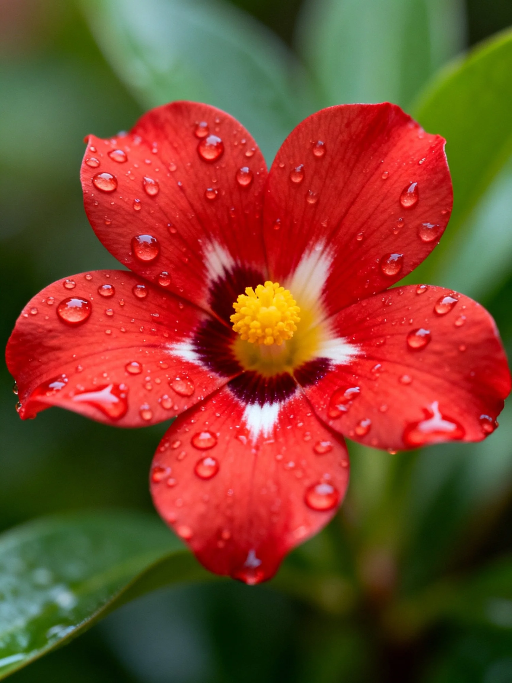 A vibrant red flower with water droplets and colorful center