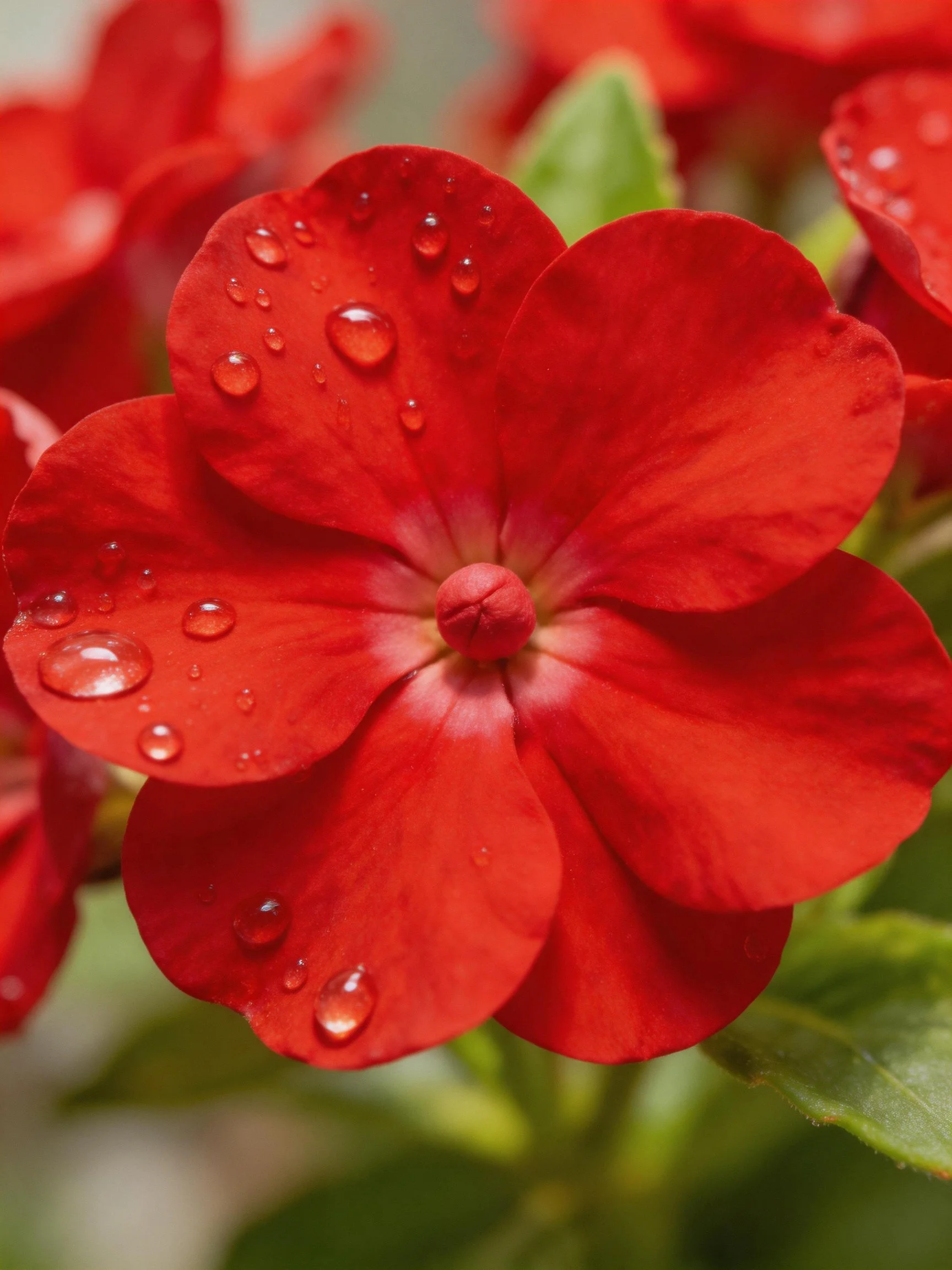 A vibrant red flower with water droplets on petals