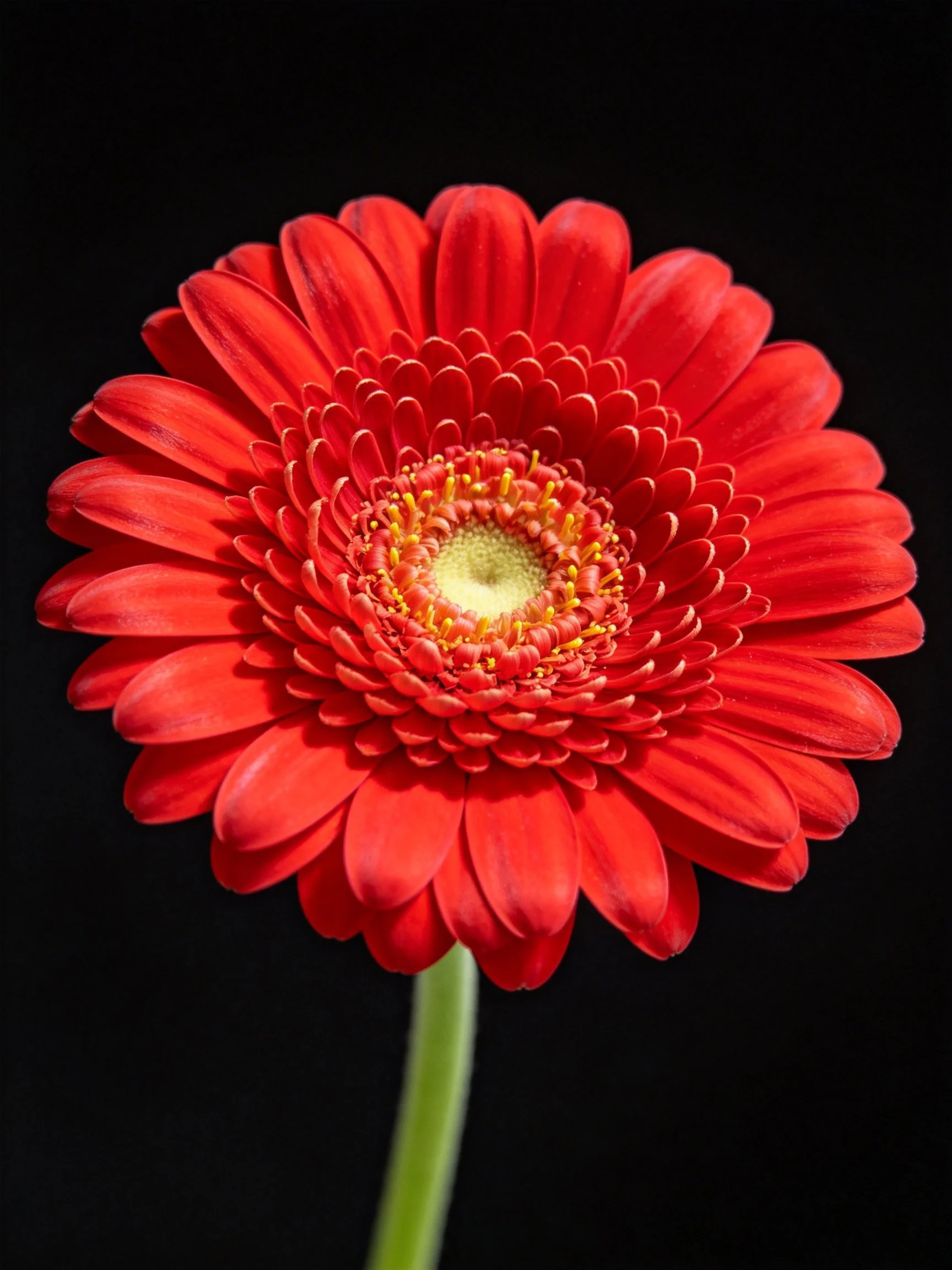 A vibrant red gerbera daisy with layered petals