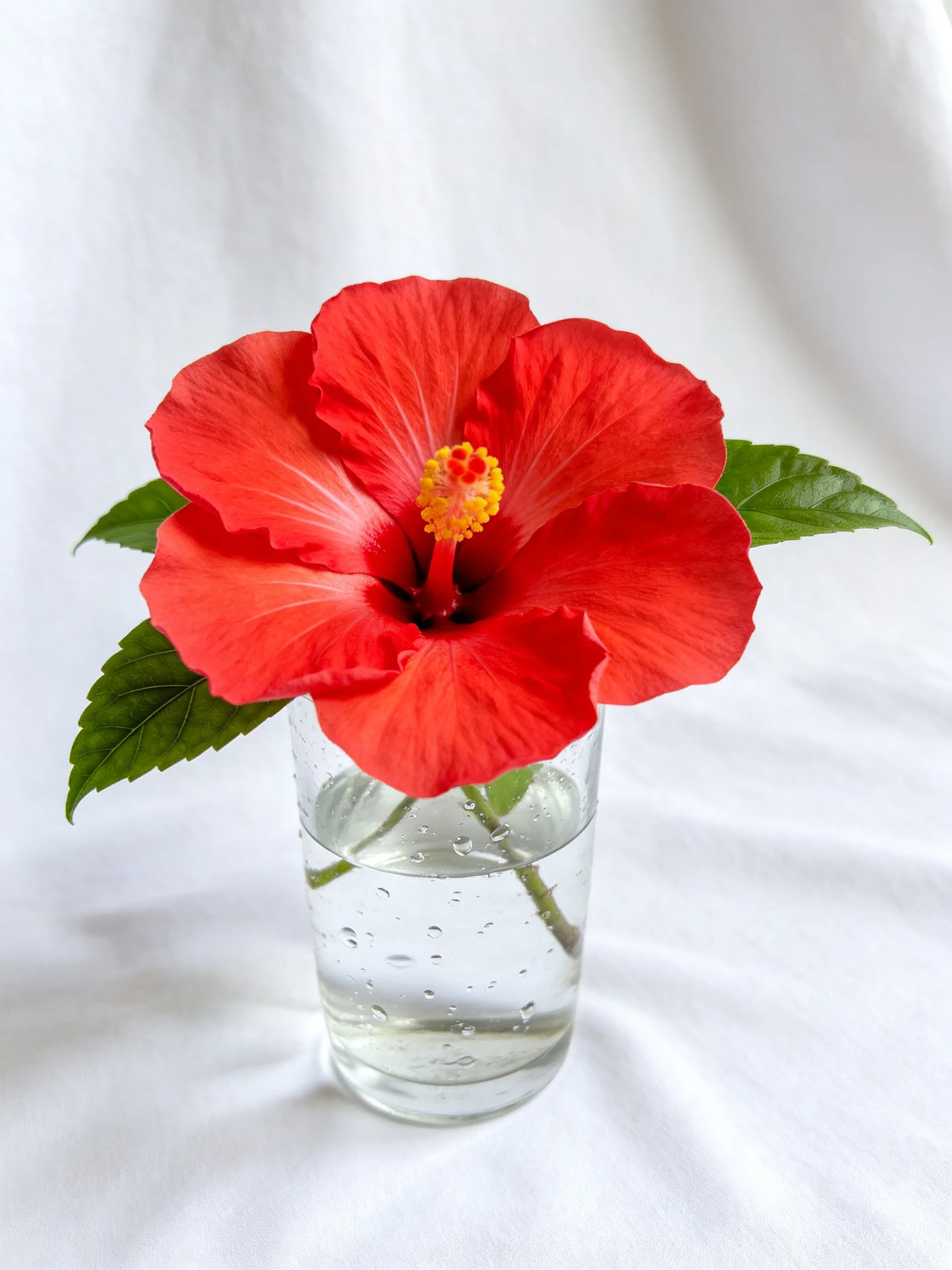 A vibrant red hibiscus flower in a clear glass vase
