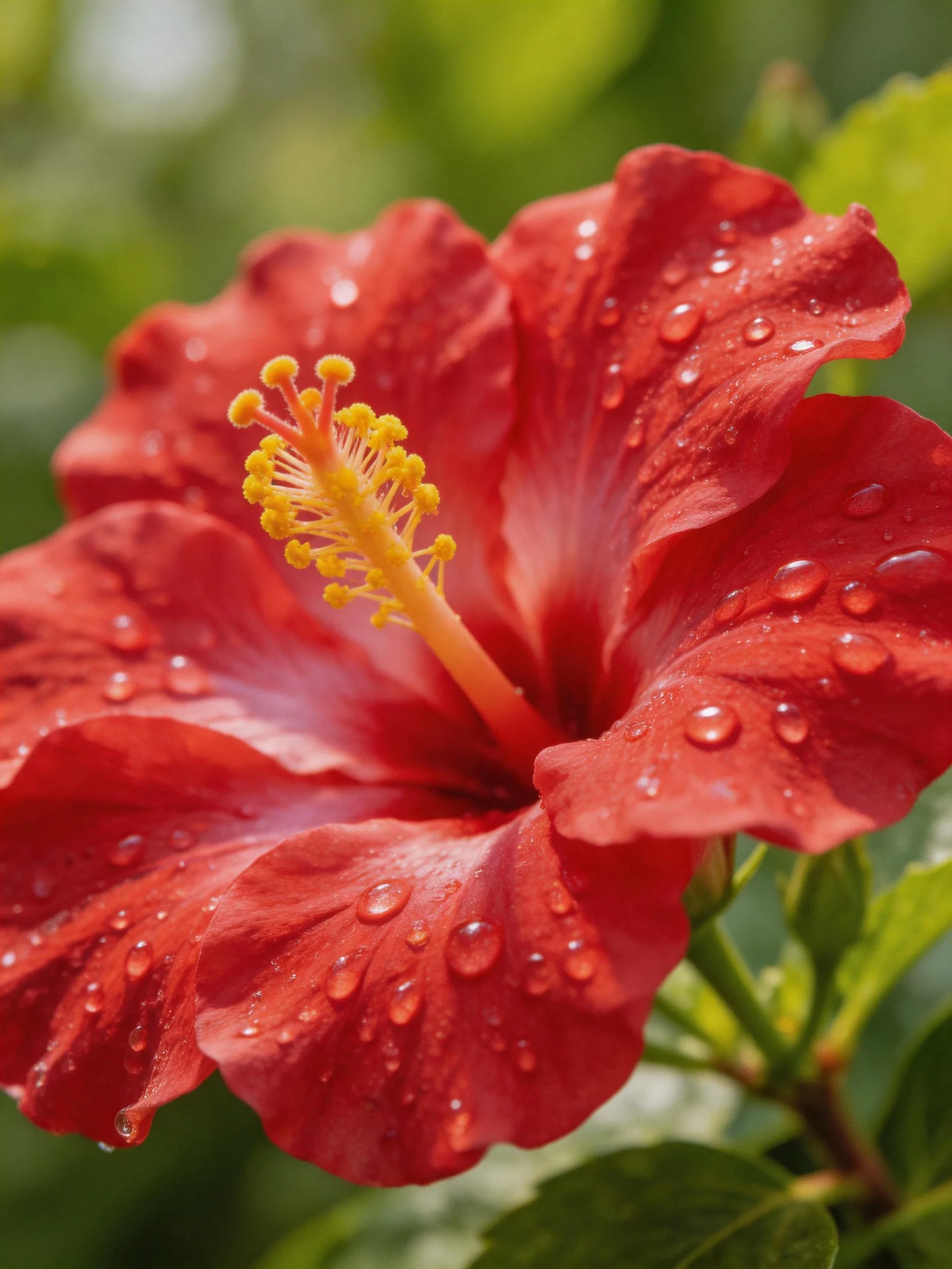 A vibrant red hibiscus flower with glistening water droplets