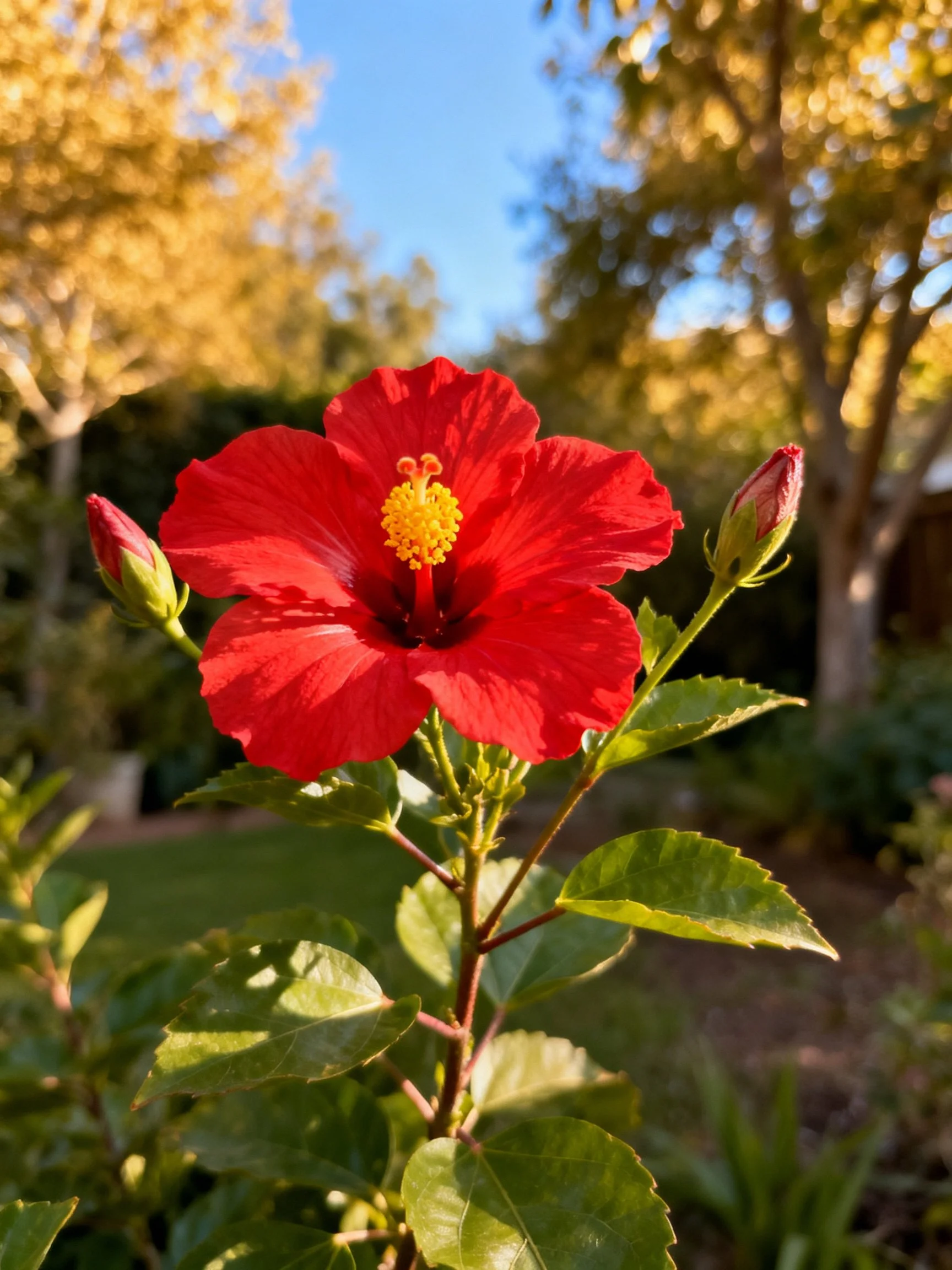 A vibrant red hibiscus flower with two buds in a sunlit garden