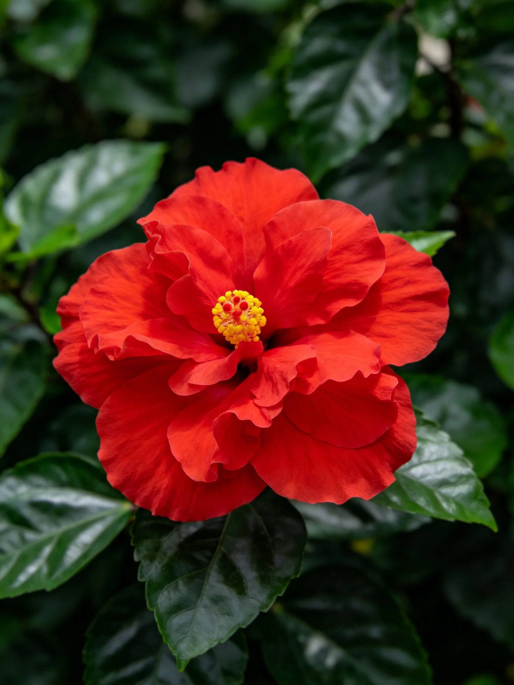 A vibrant red hibiscus flower with yellow center amid dark green leaves