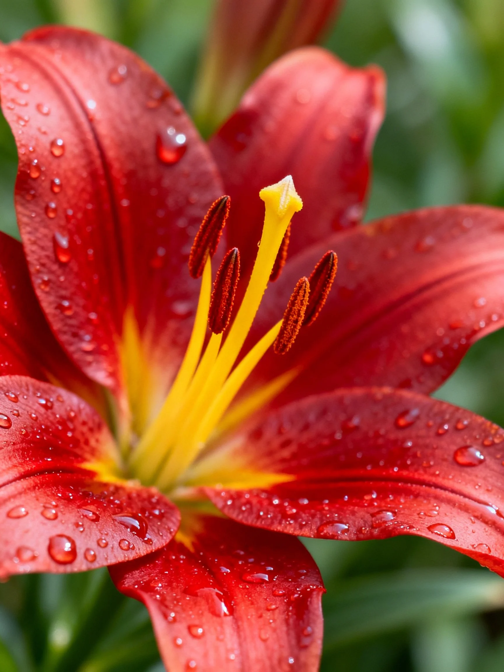 A vibrant red lily with water droplets and yellow center