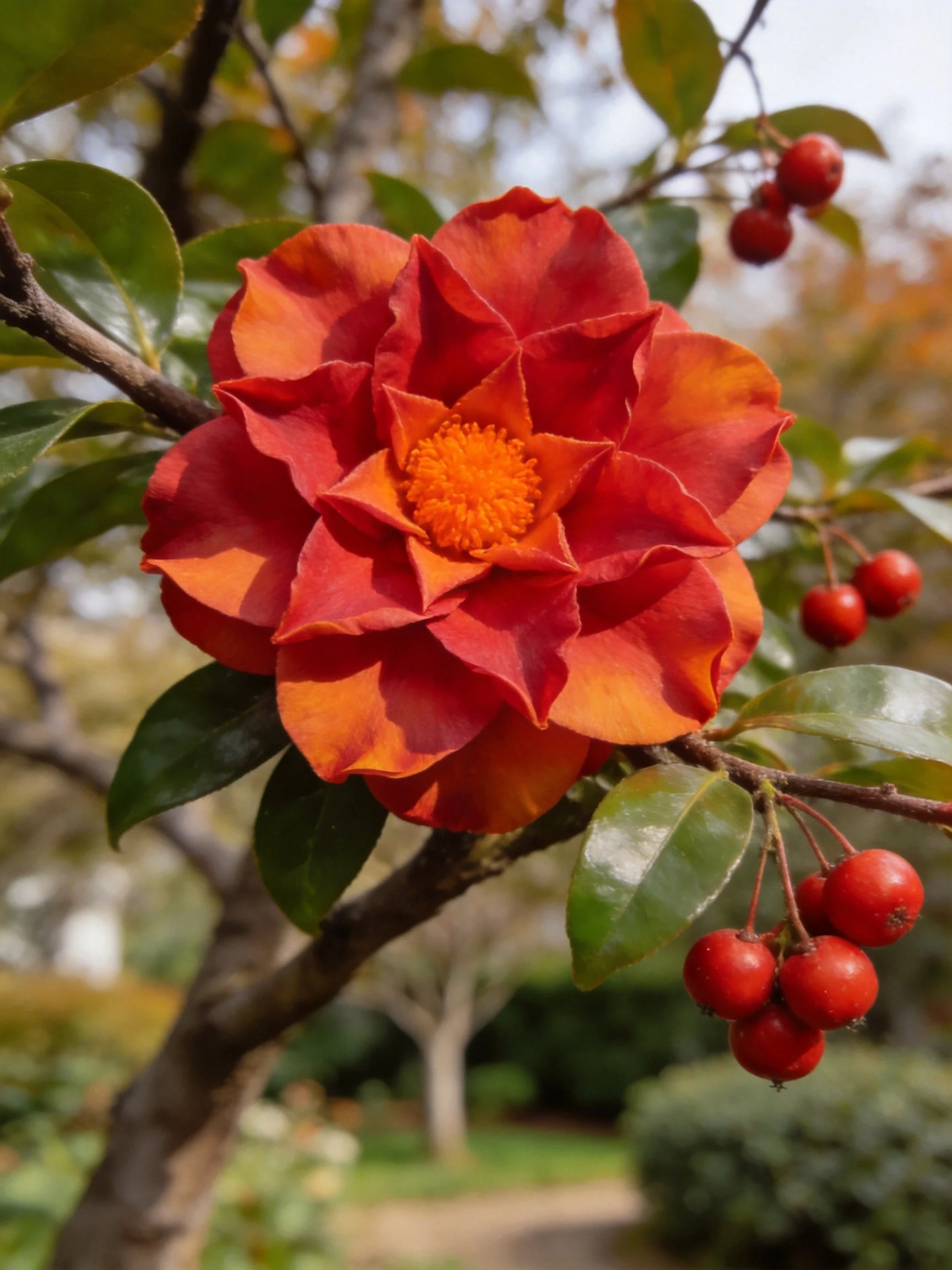 A vibrant red-orange camellia blooms beside glossy red berries