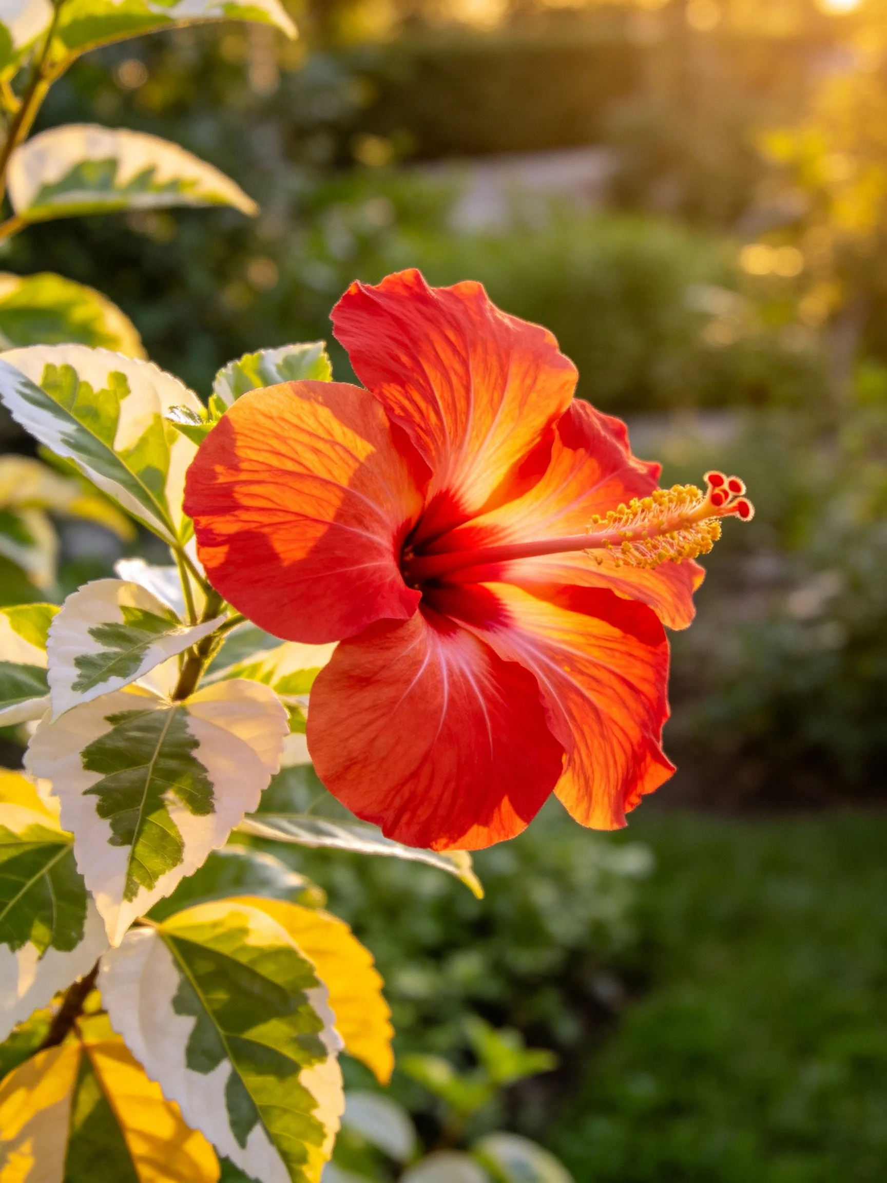 A vibrant red-orange hibiscus flower with variegated foliage under golden sunlight