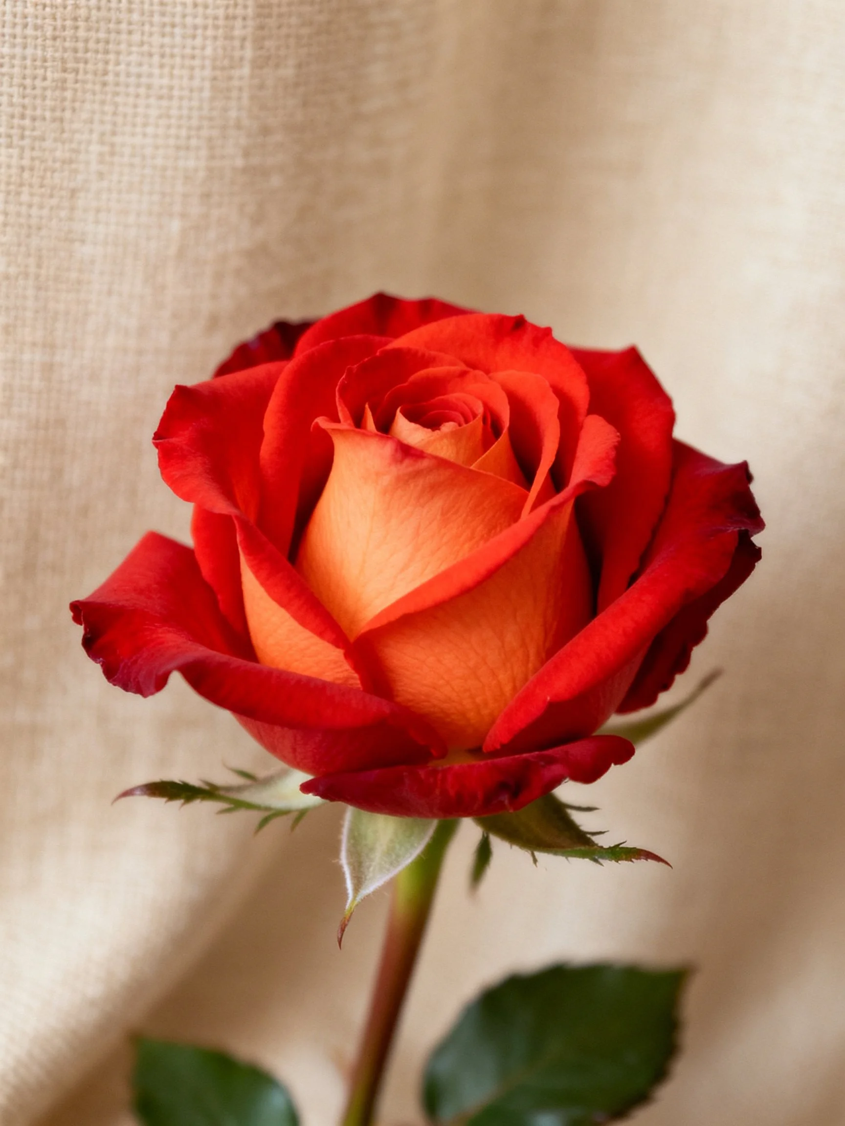 A vibrant red-orange rose bud with textured petals