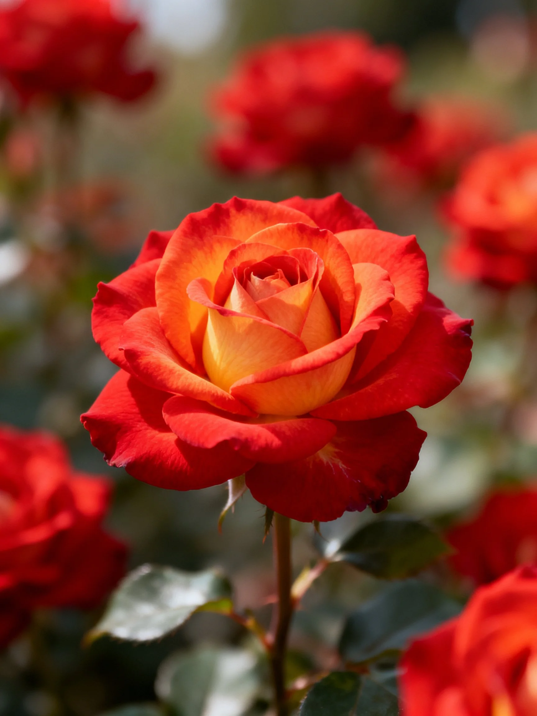 A vibrant red-orange rose stands out among blooming companions.