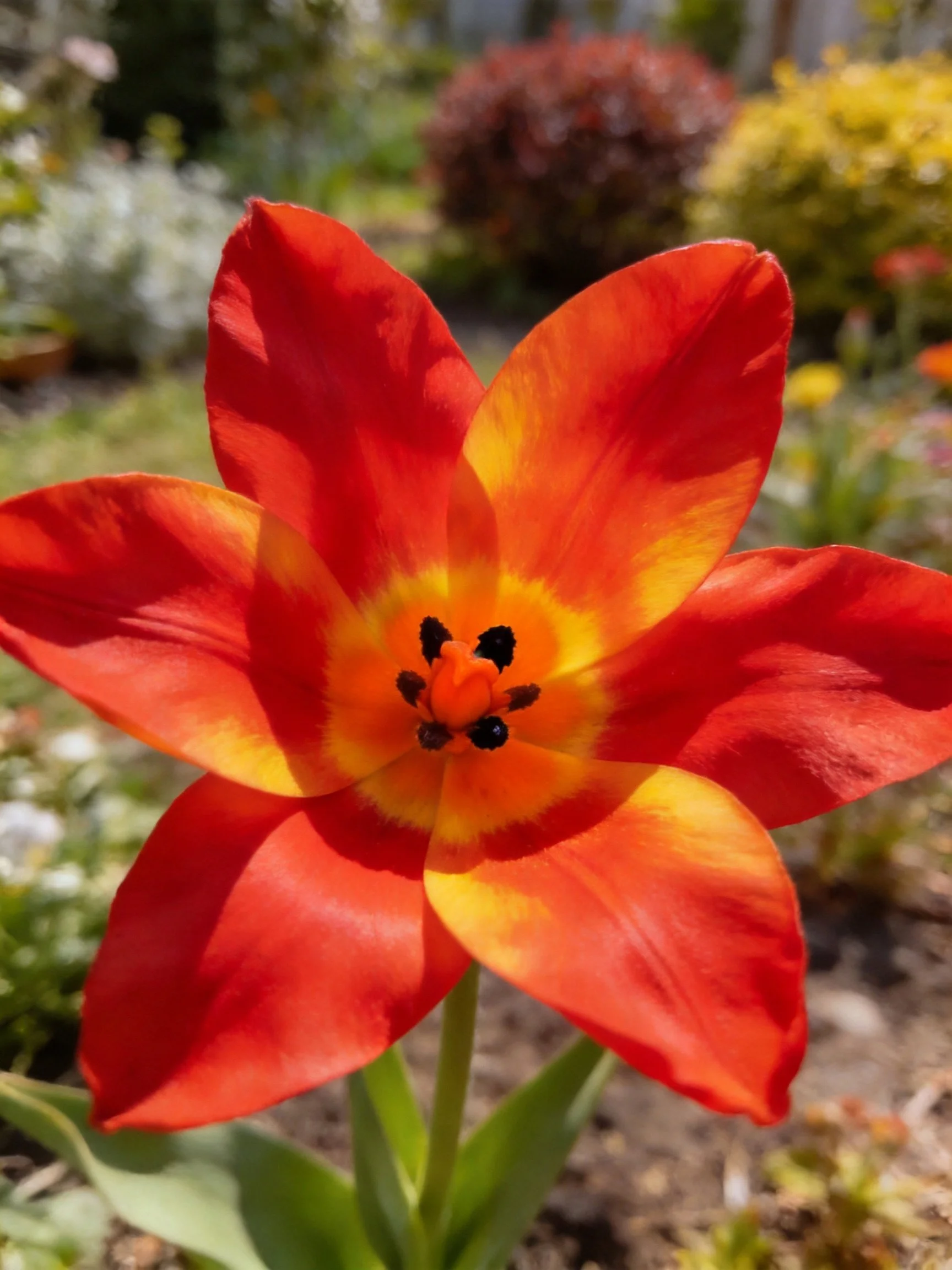 A vibrant red-orange tulip with yellow center in a garden