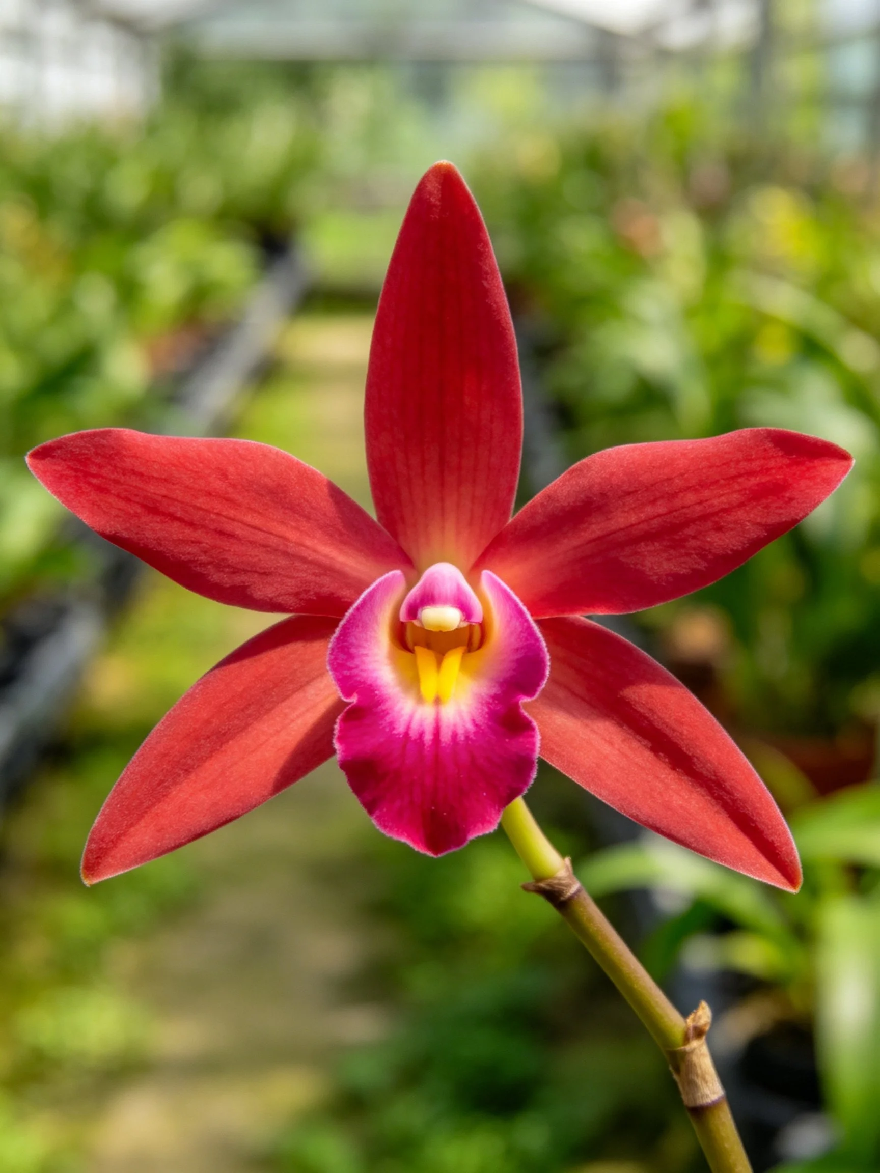 A vibrant red orchid with pink and yellow central details