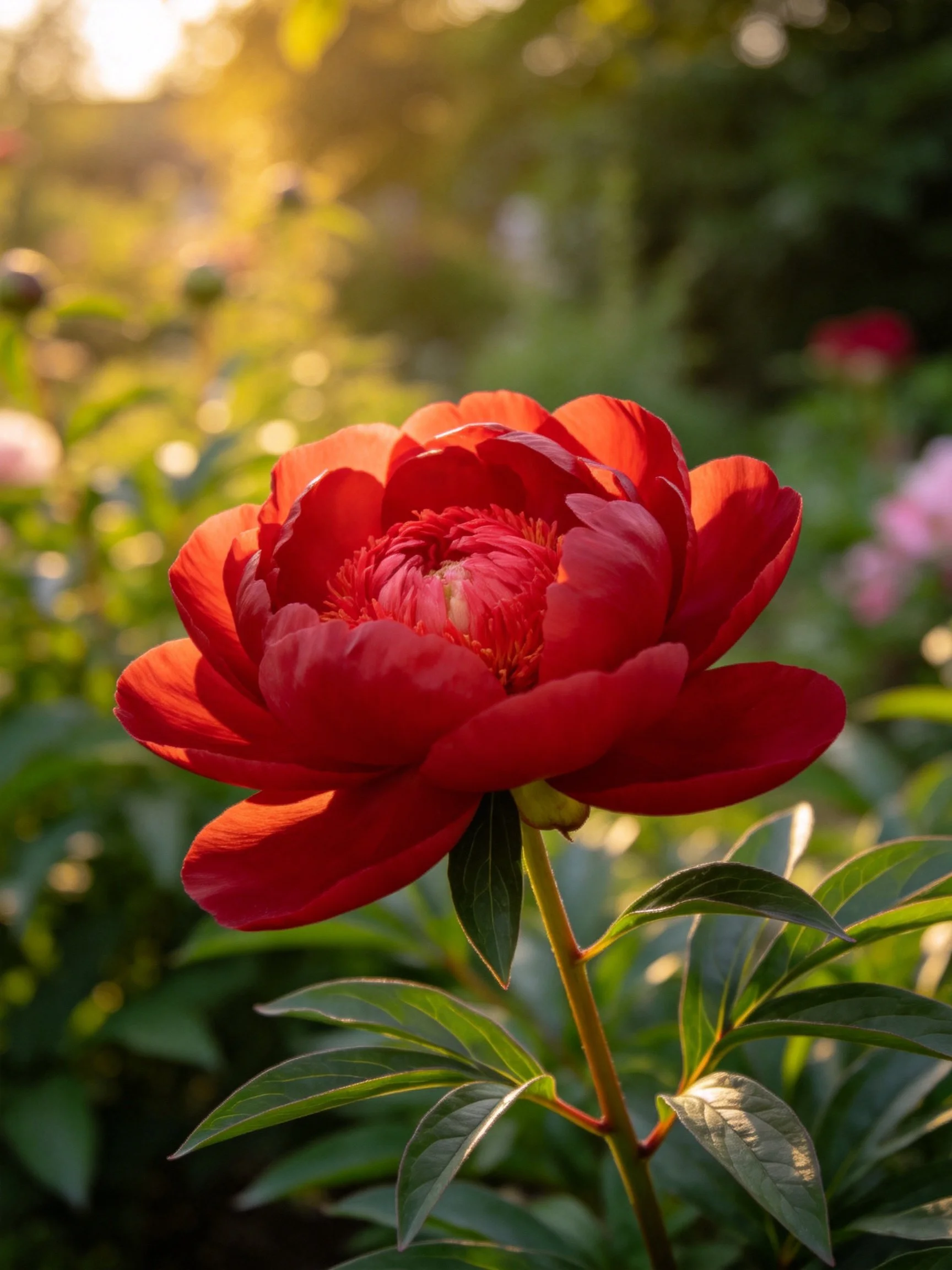 A vibrant red peony blooms in sun-drenched garden