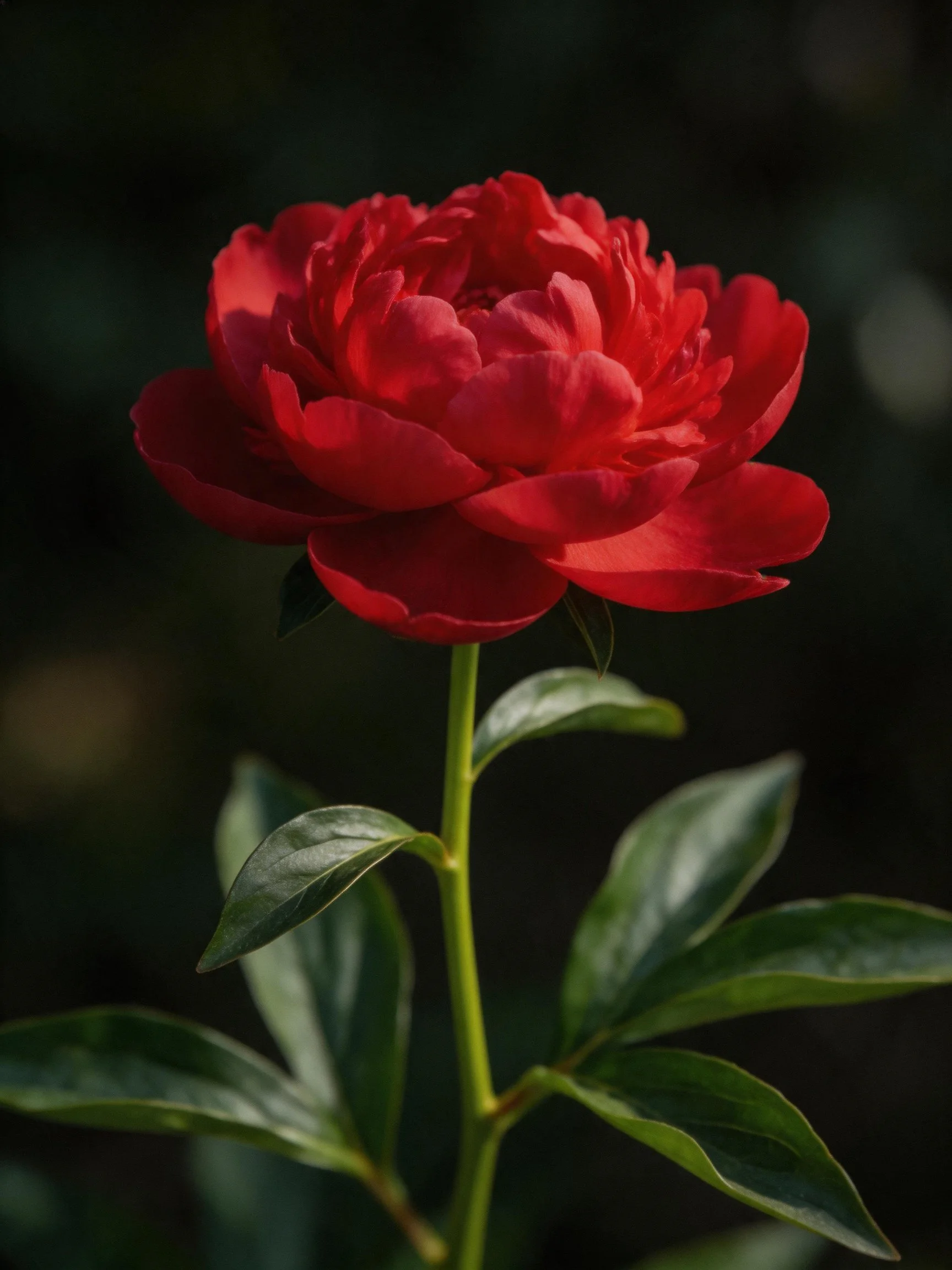 A vibrant red peony with glossy green leaves