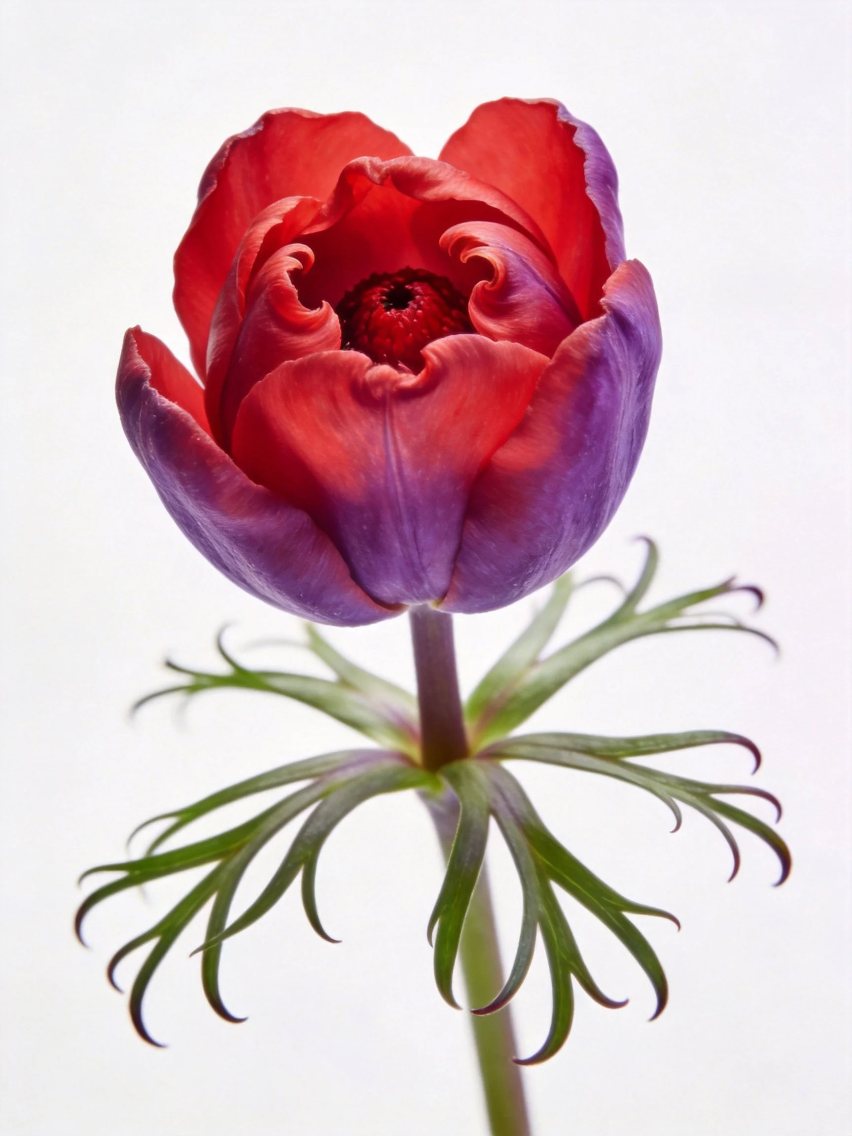 A vibrant red-purple anemone with delicate green foliage