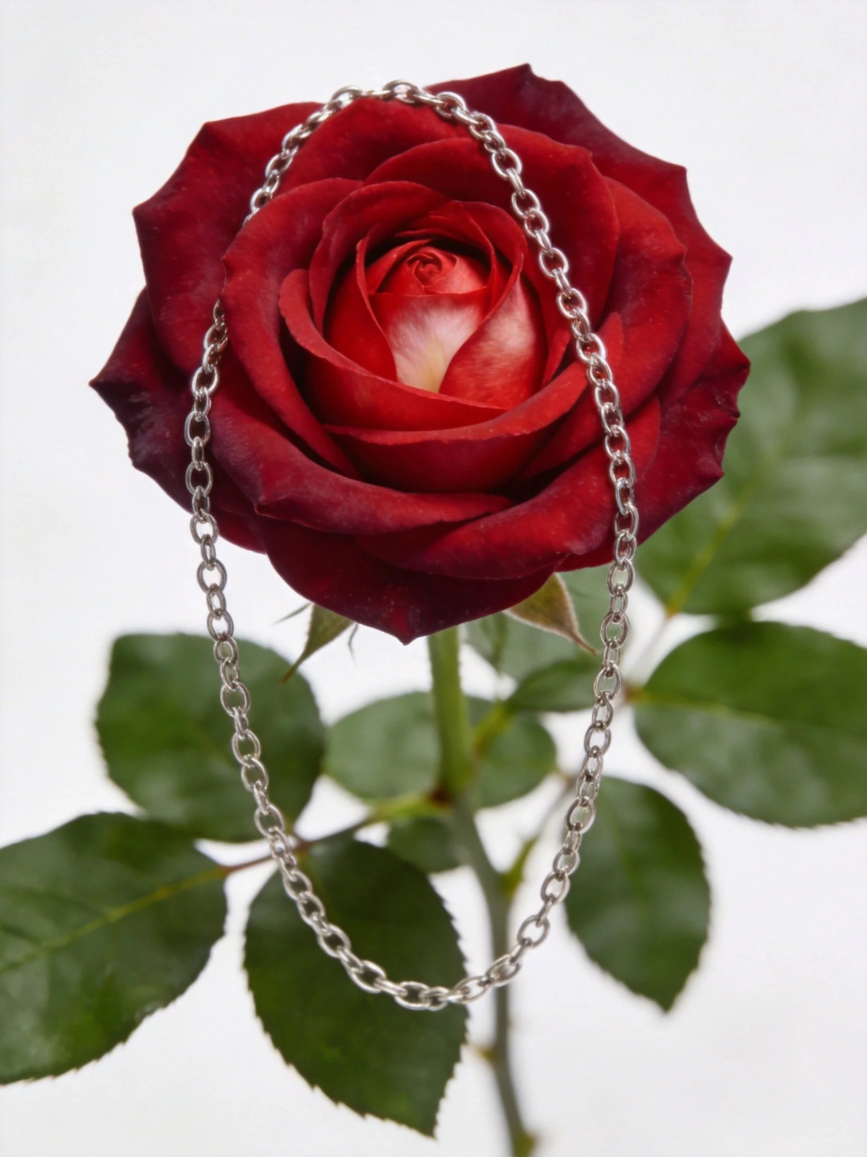 A vibrant red rose adorned with a delicate silver chain