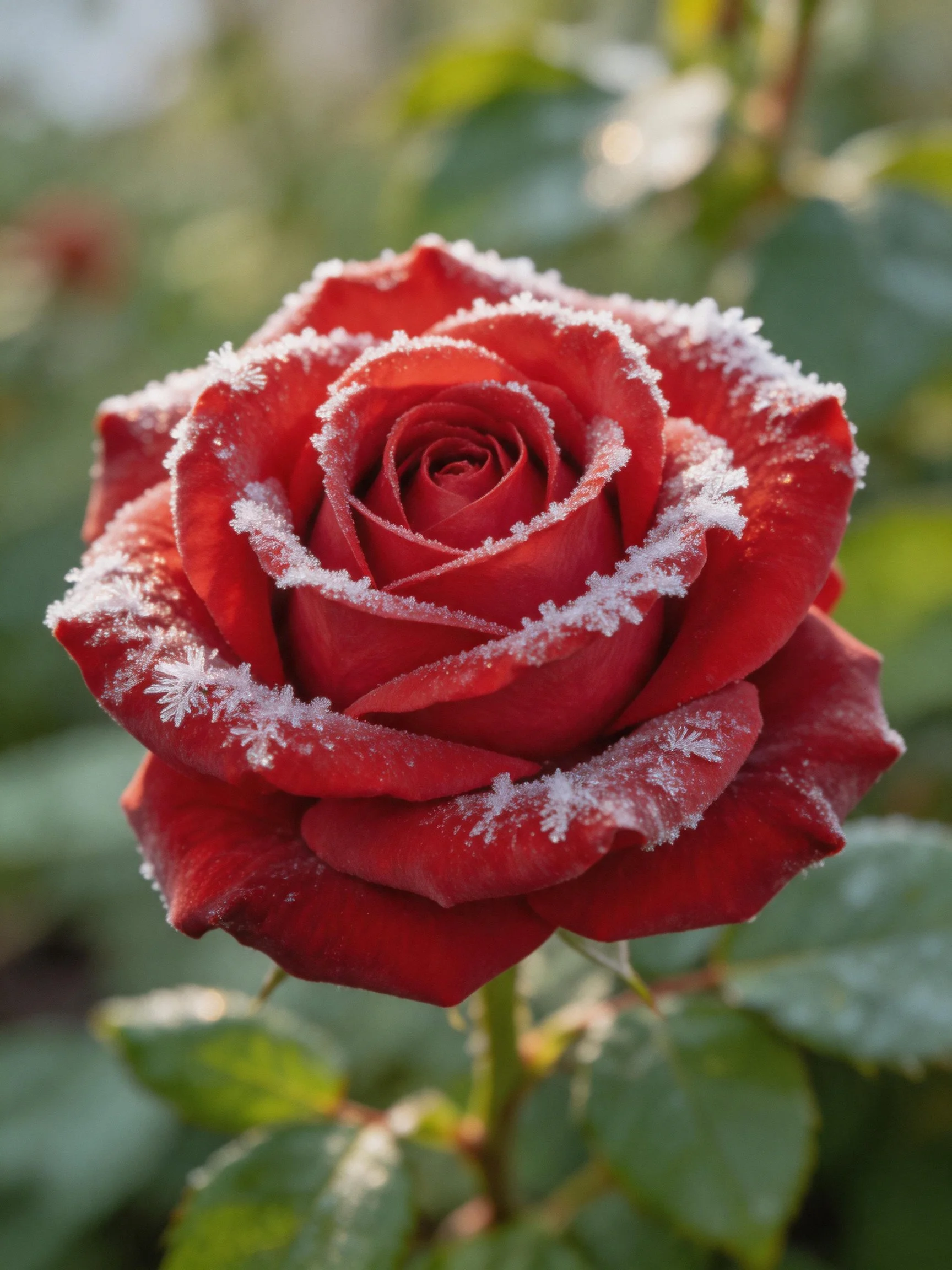 A vibrant red rose adorned with delicate frost crystals