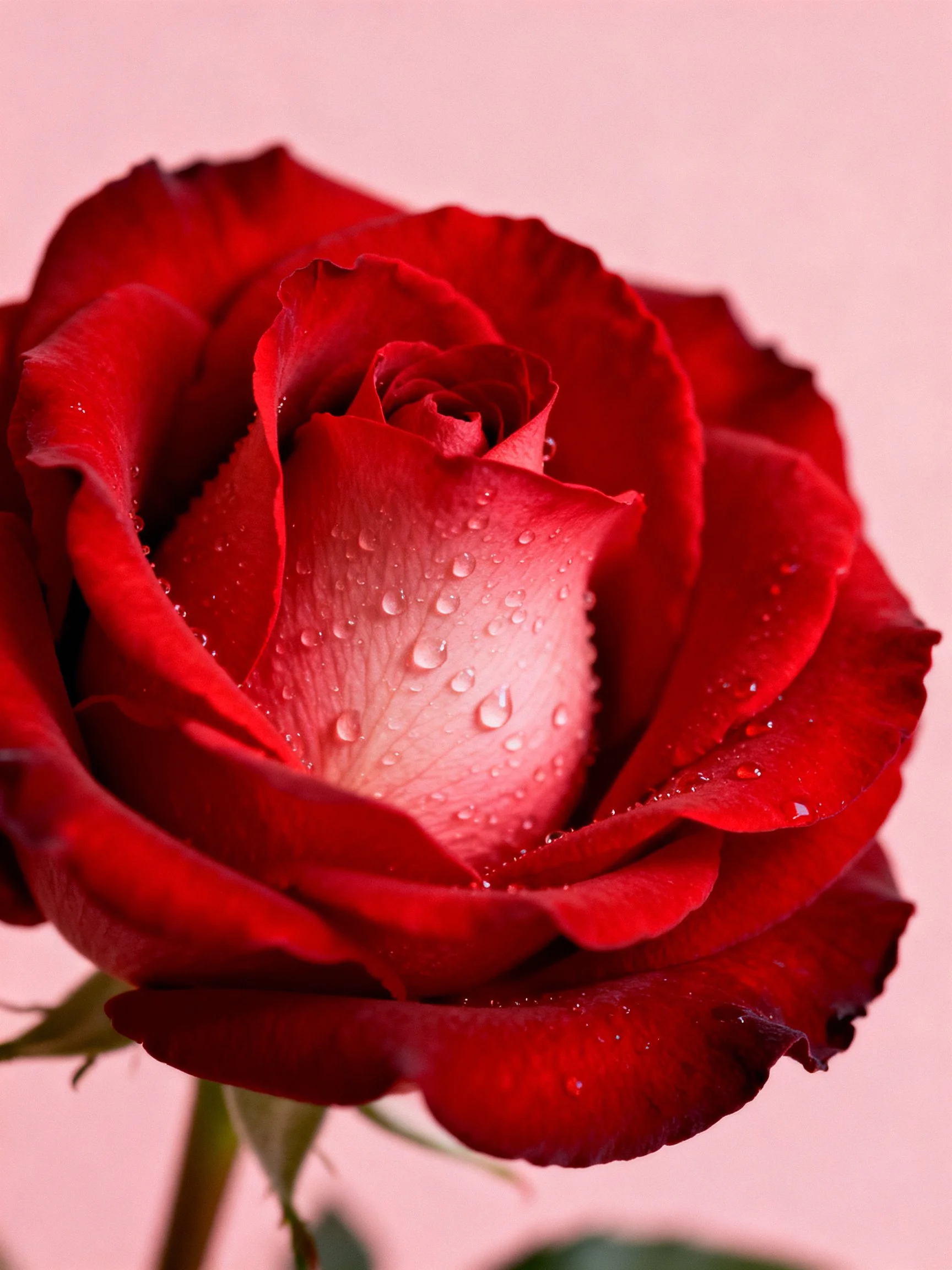 A vibrant red rose adorned with glistening water droplets