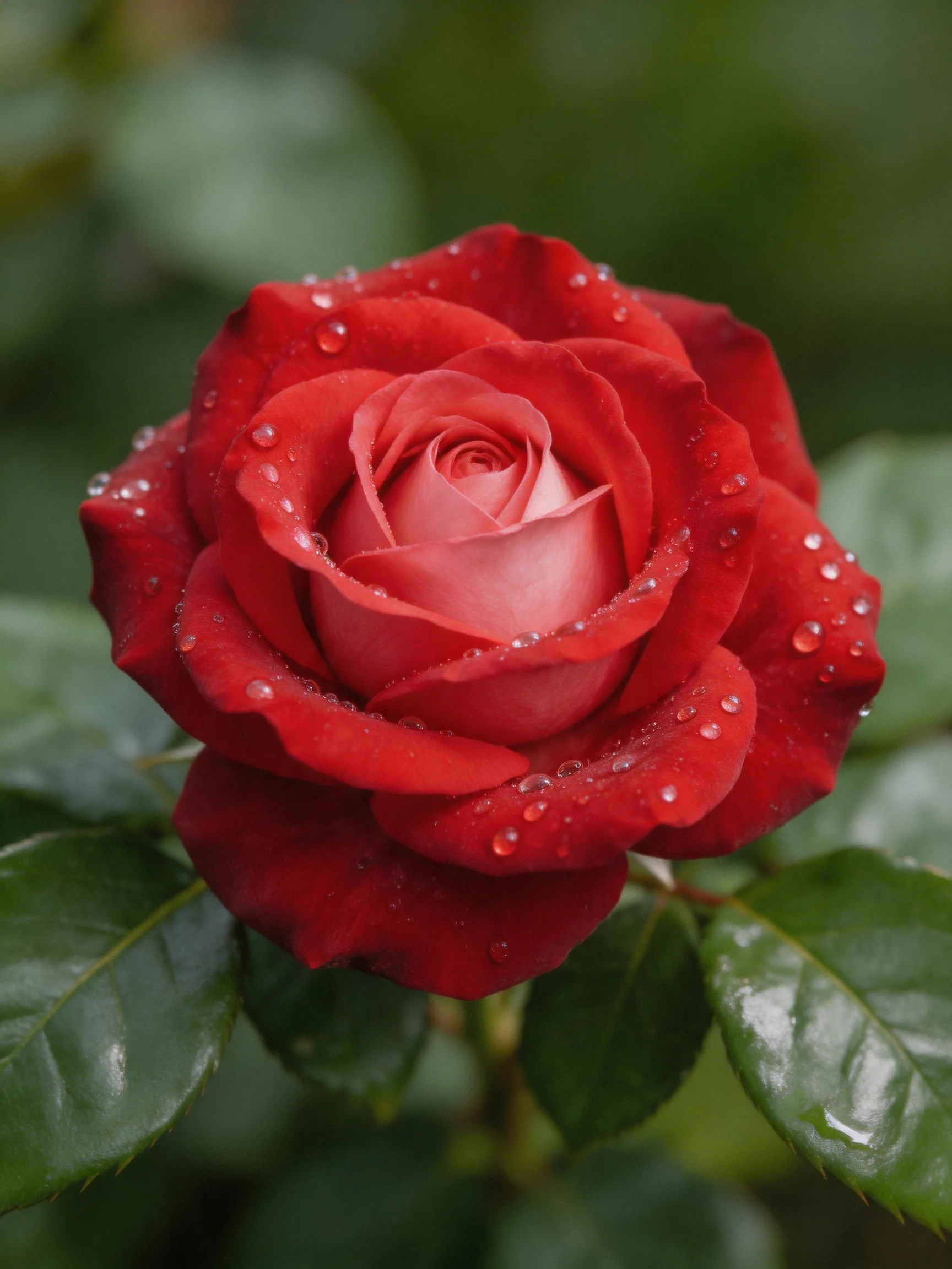 A vibrant red rose adorned with glistening water droplets