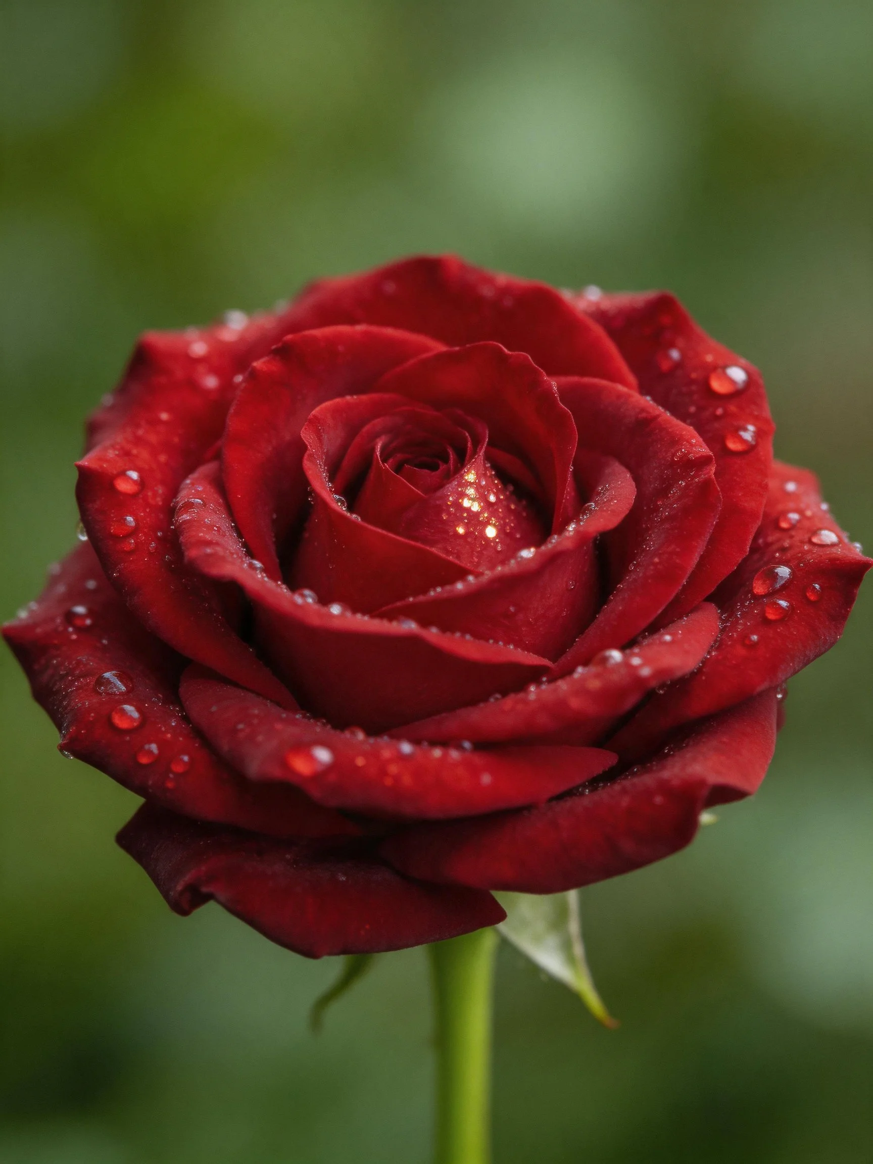 A vibrant red rose adorned with water droplets