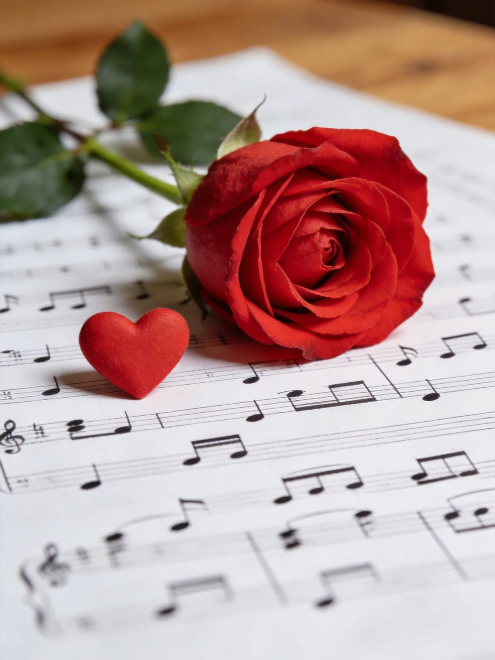 A vibrant red rose and small red heart rest on sheet music