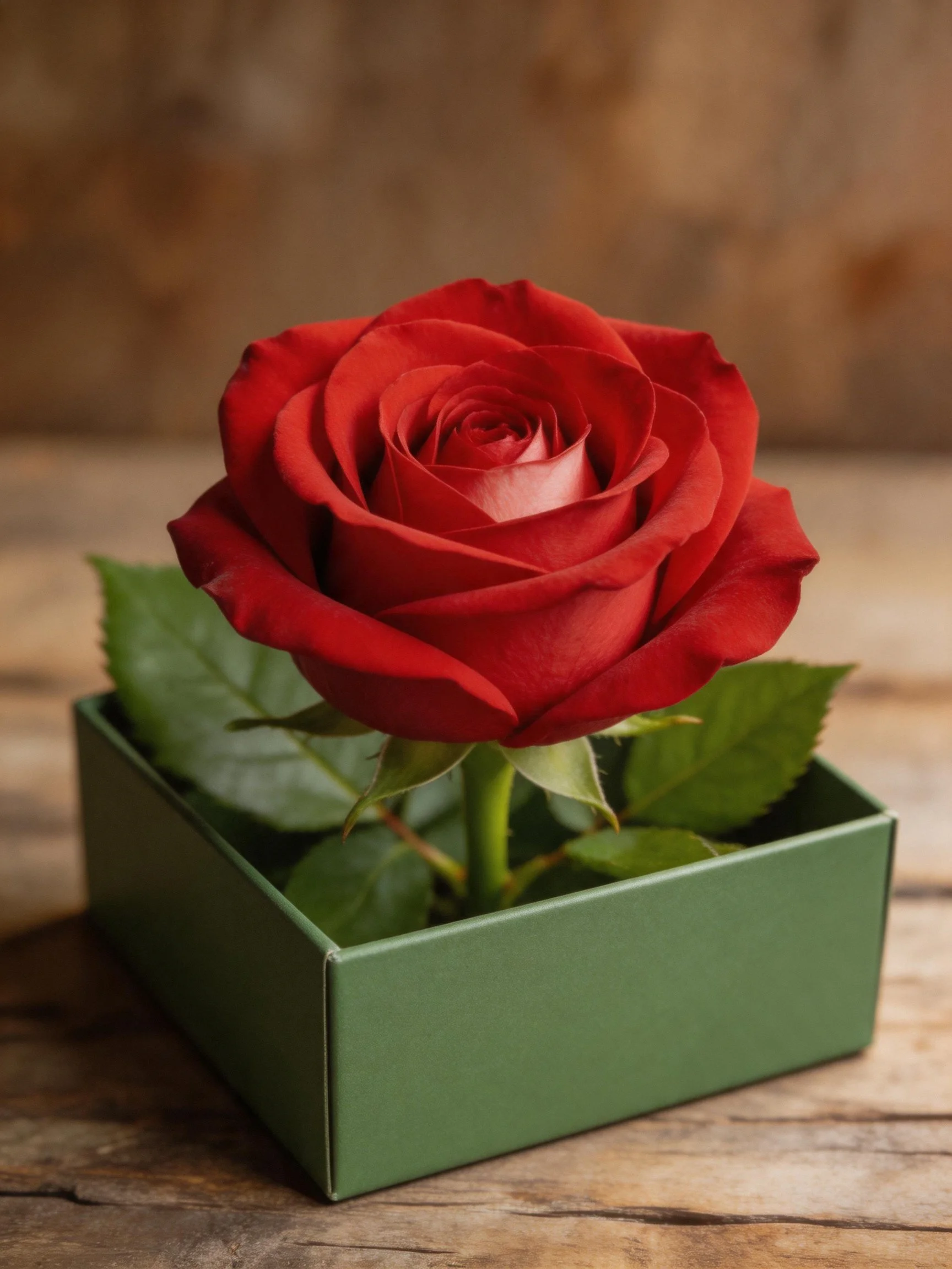 A vibrant red rose arranged in a small green box