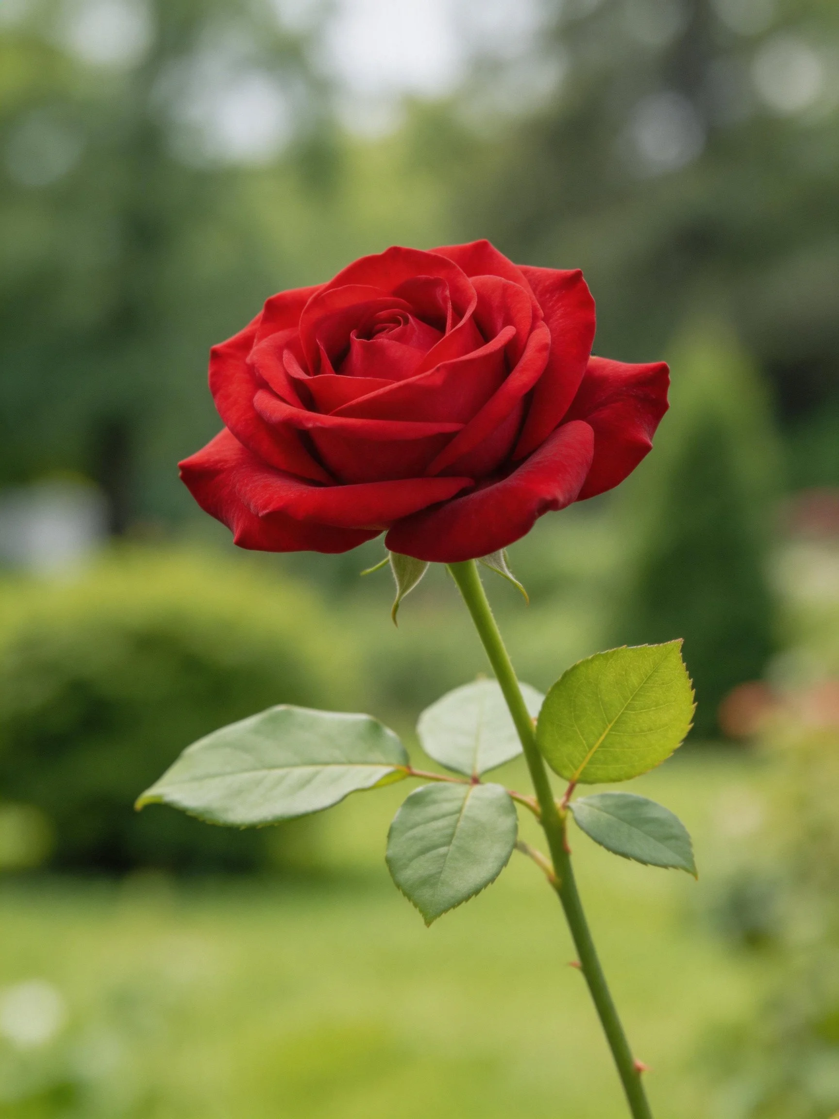 A vibrant red rose blooms against a blurred green garden backdrop