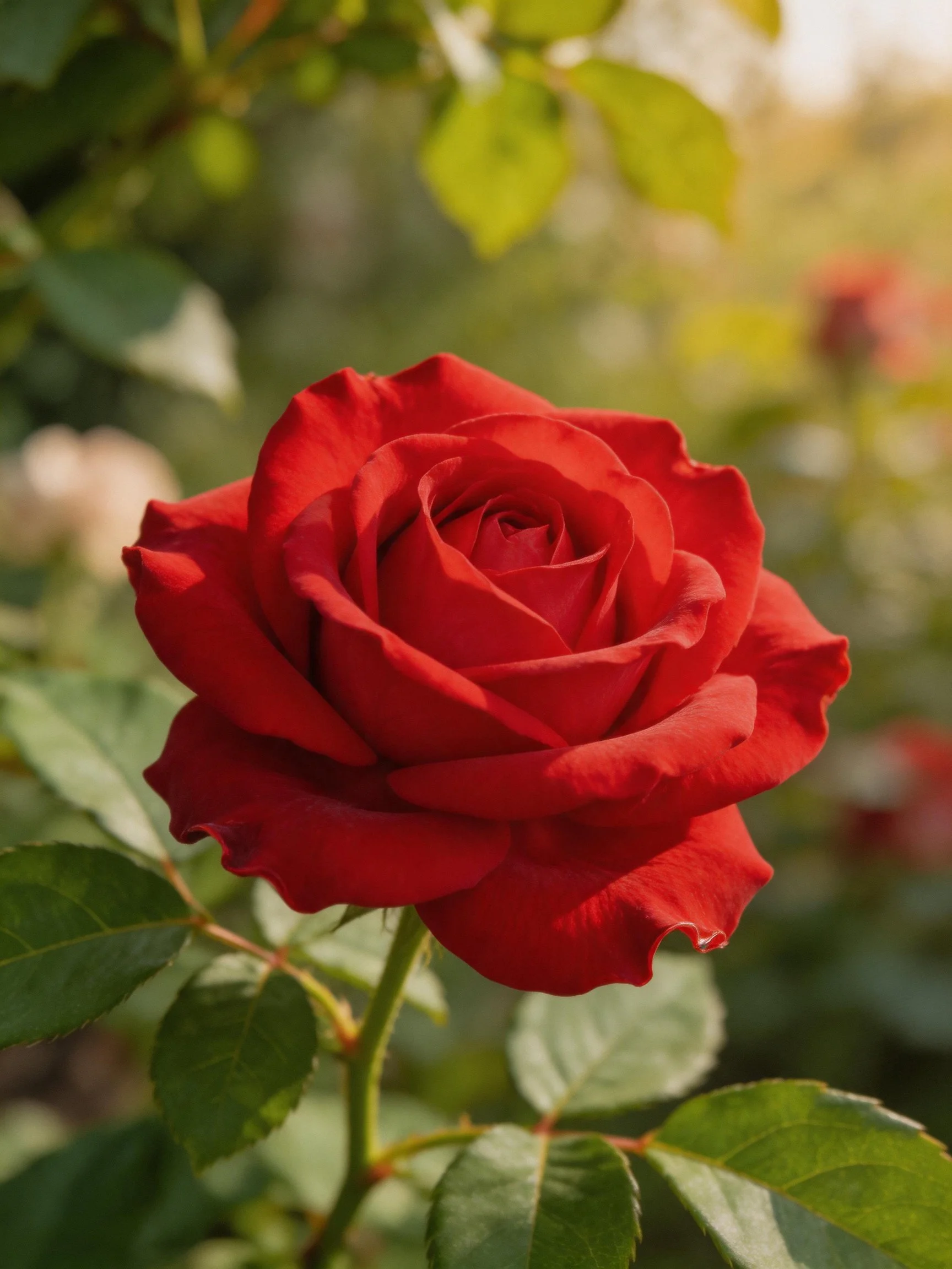 A vibrant red rose blooms amidst lush green foliage