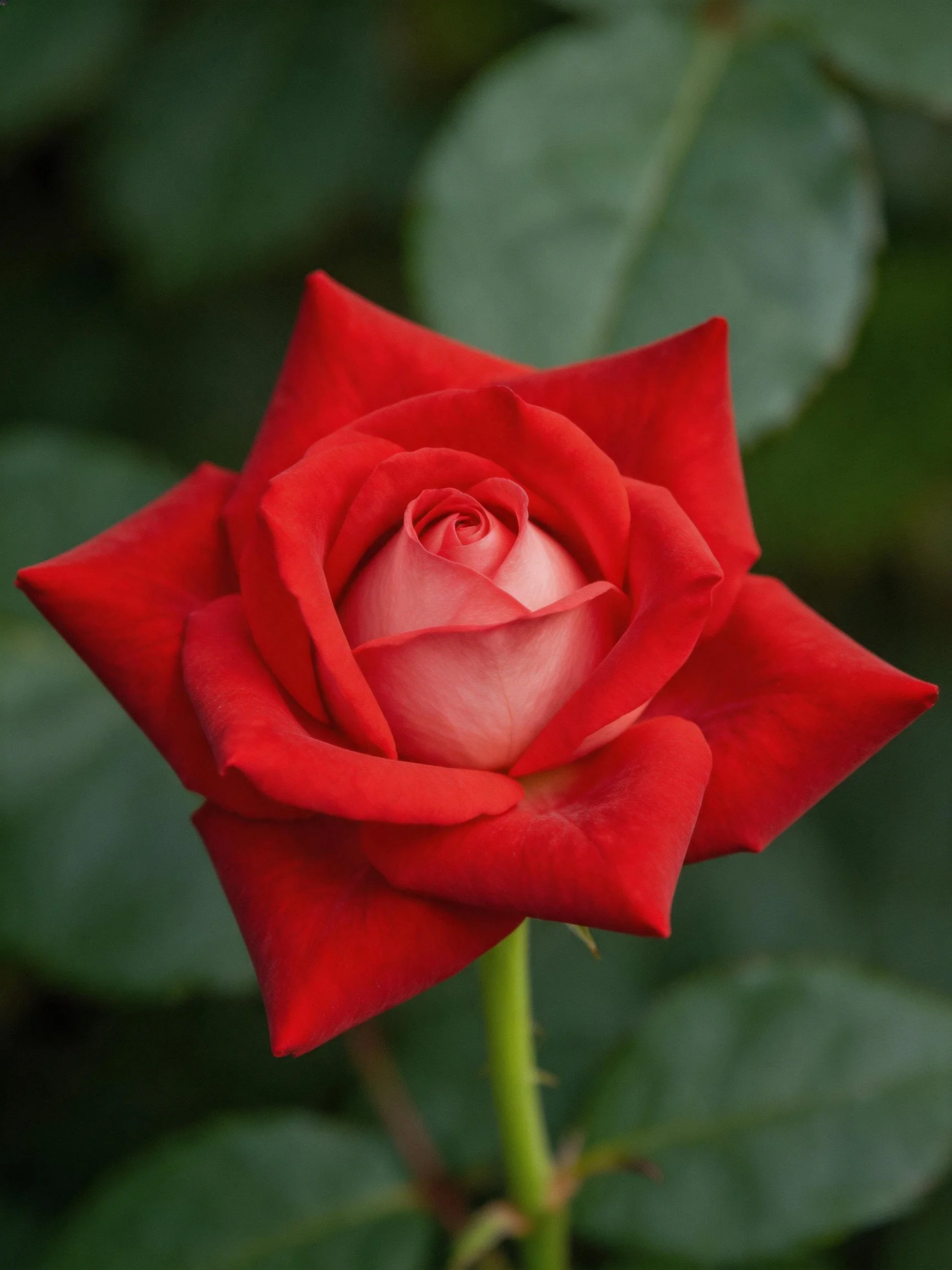 A vibrant red rose bud with lush green foliage