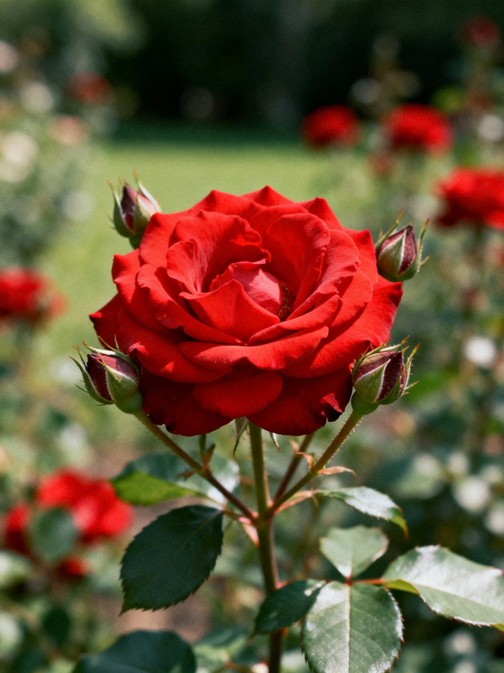 A vibrant red rose centered amid green foliage and buds