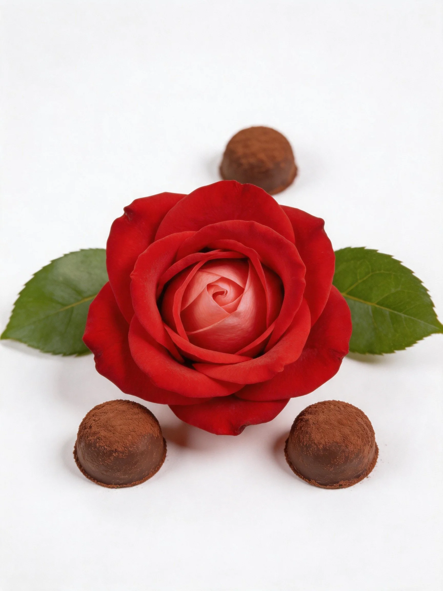 A vibrant red rose centered among four chocolate truffles