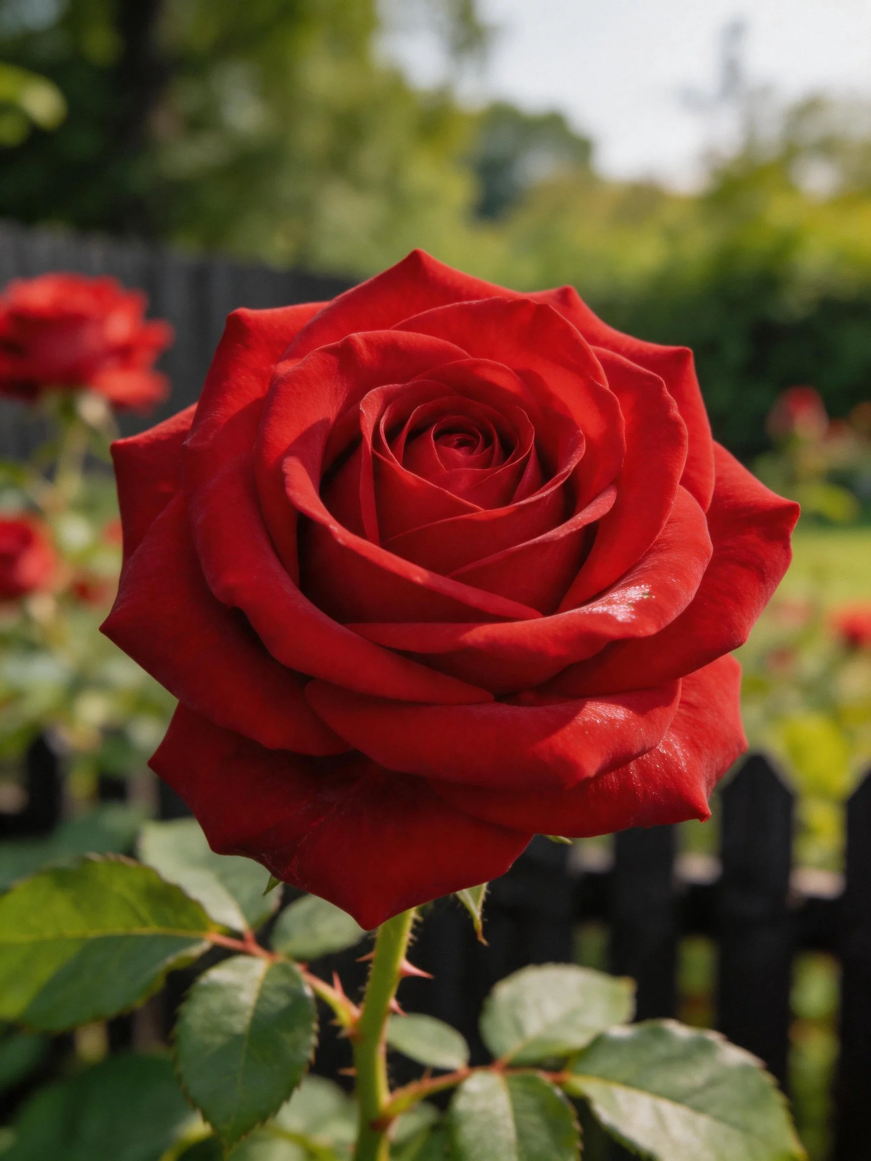A vibrant red rose centered with blurred garden backdrop