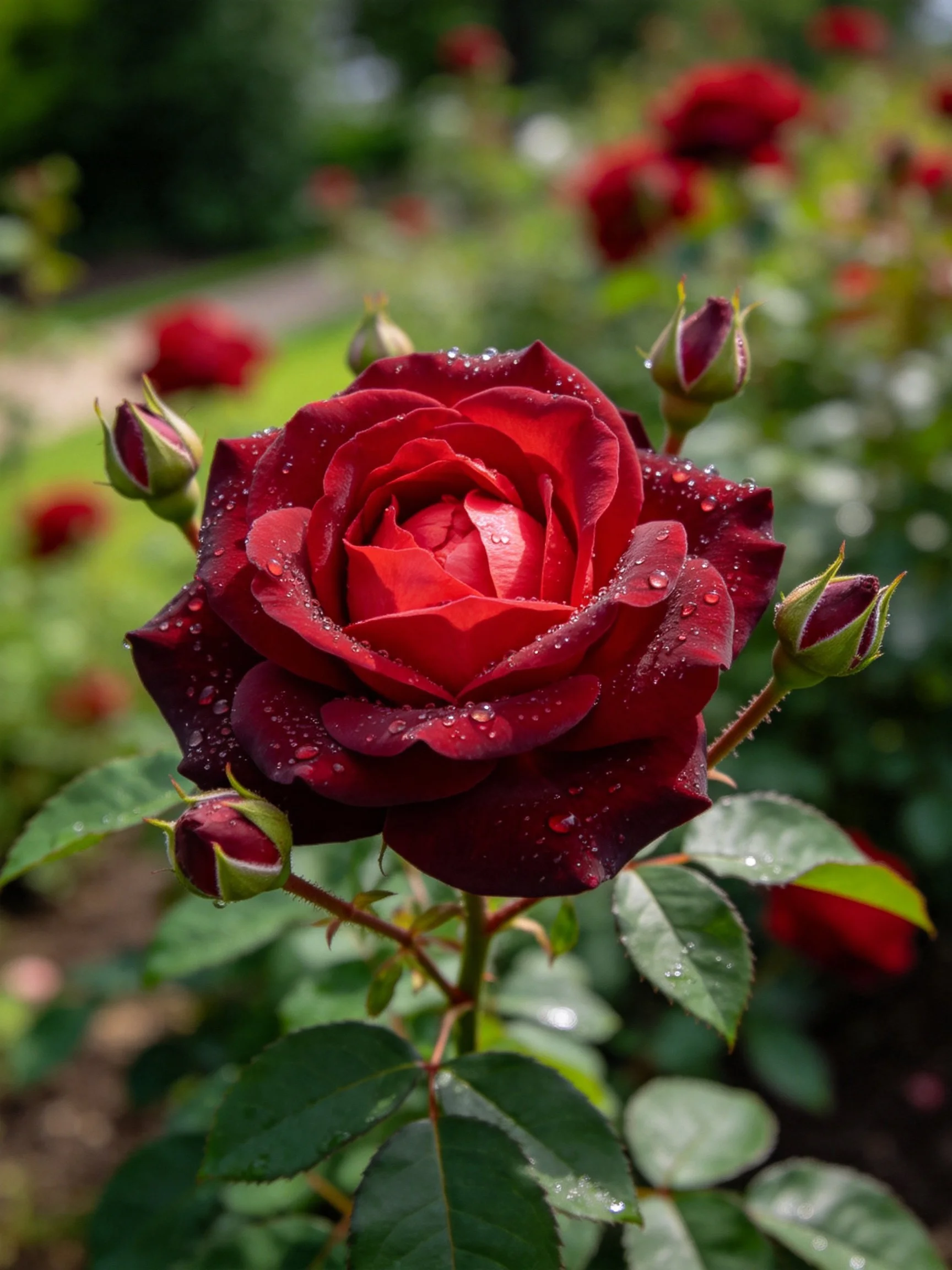 A vibrant red rose covered in dew drops, with unopened buds nearby