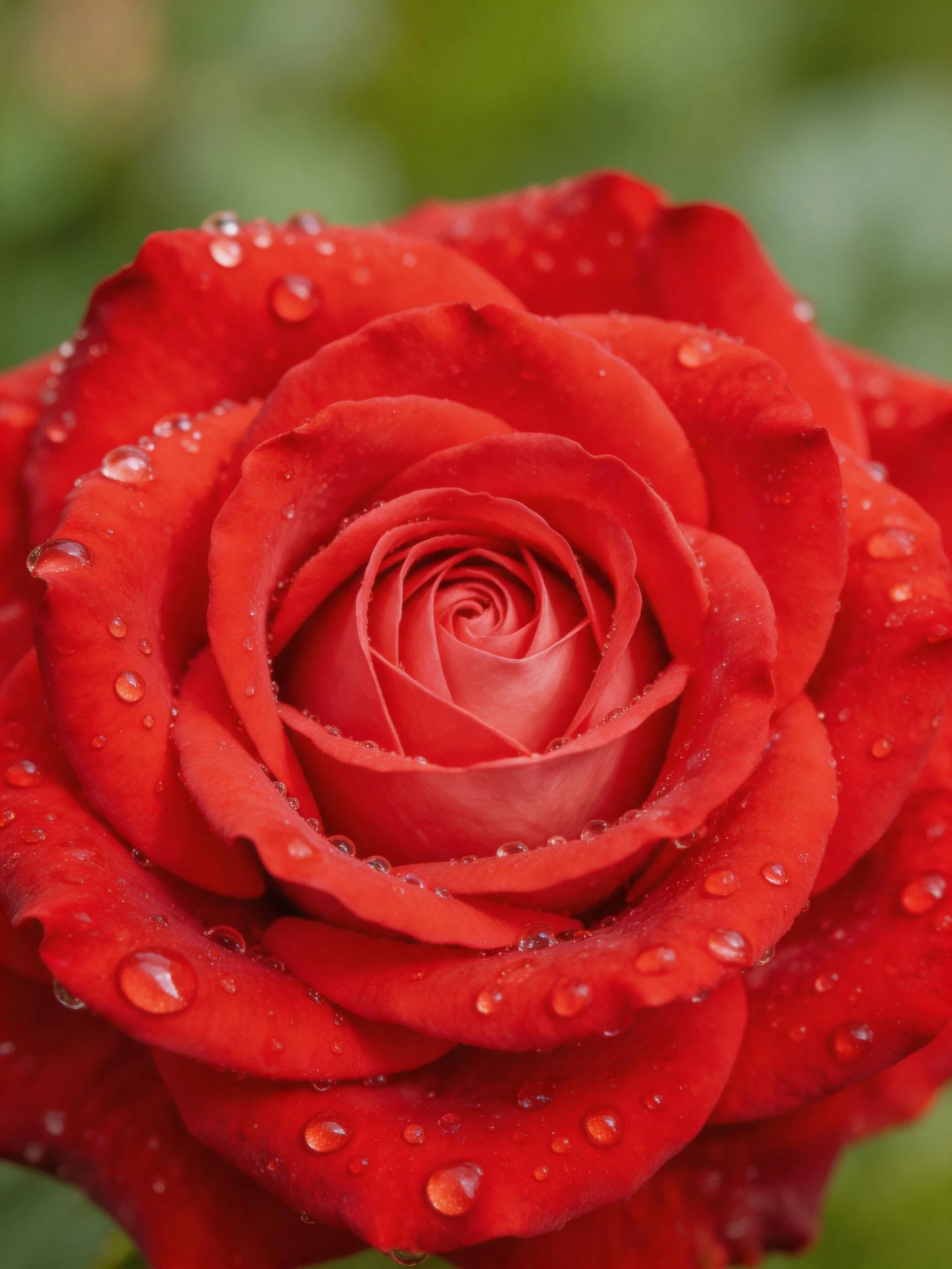 A vibrant red rose covered in glistening water droplets
