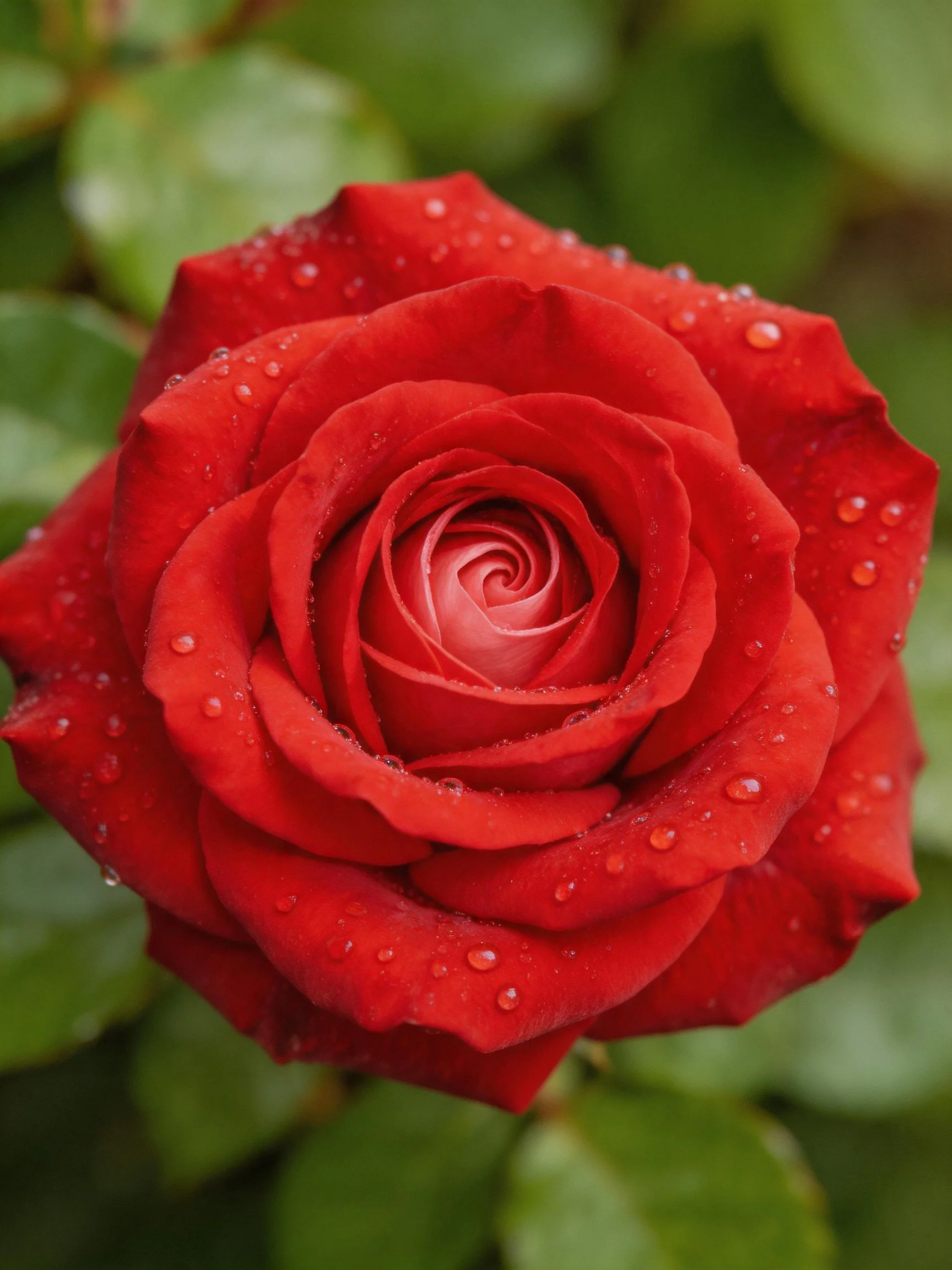 A vibrant red rose covered water droplets, surrounded by green foliage