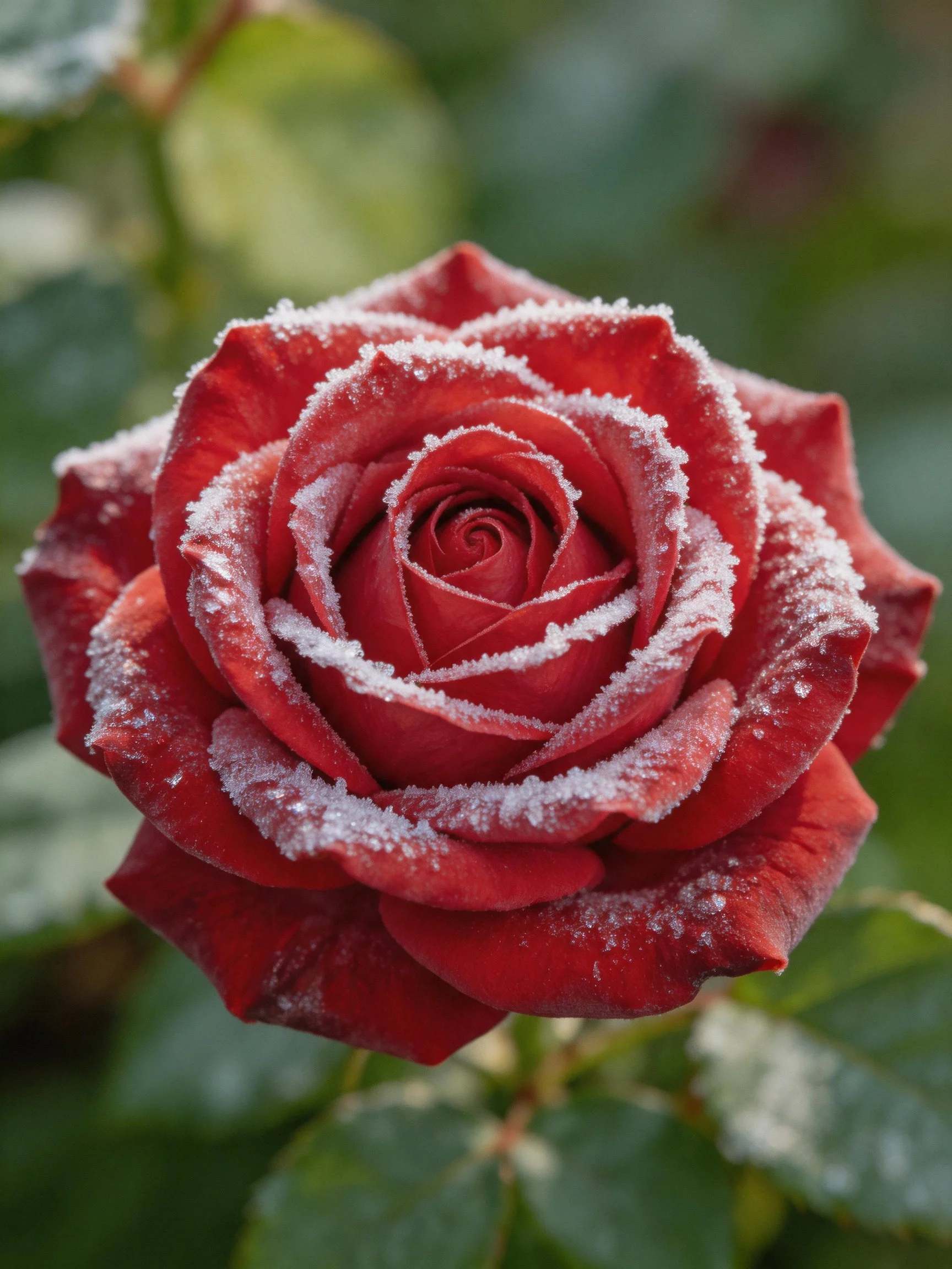 A vibrant red rose dusted with delicate frost crystals